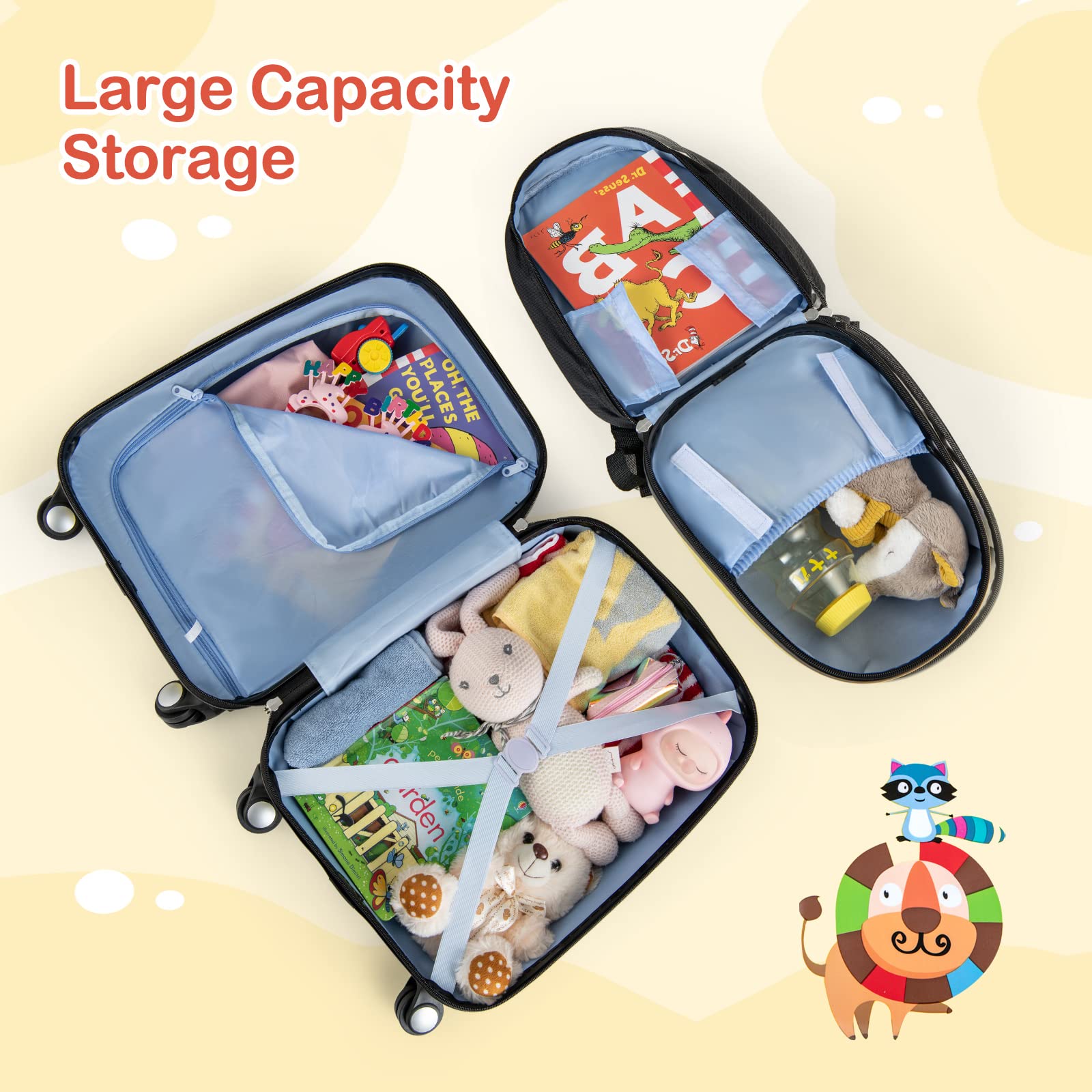 Olakids Kids Luggage Set - 12’’ Travel Backpack & 18’’ Wheeled Carry-On Suitcase for Boys & Girls, 2-Piece Spinner Trolley Set with Wheels, Perfect Gift for Toddlers (Yellow Lion) - Ideal for Air Travel, Road Trips & School Use