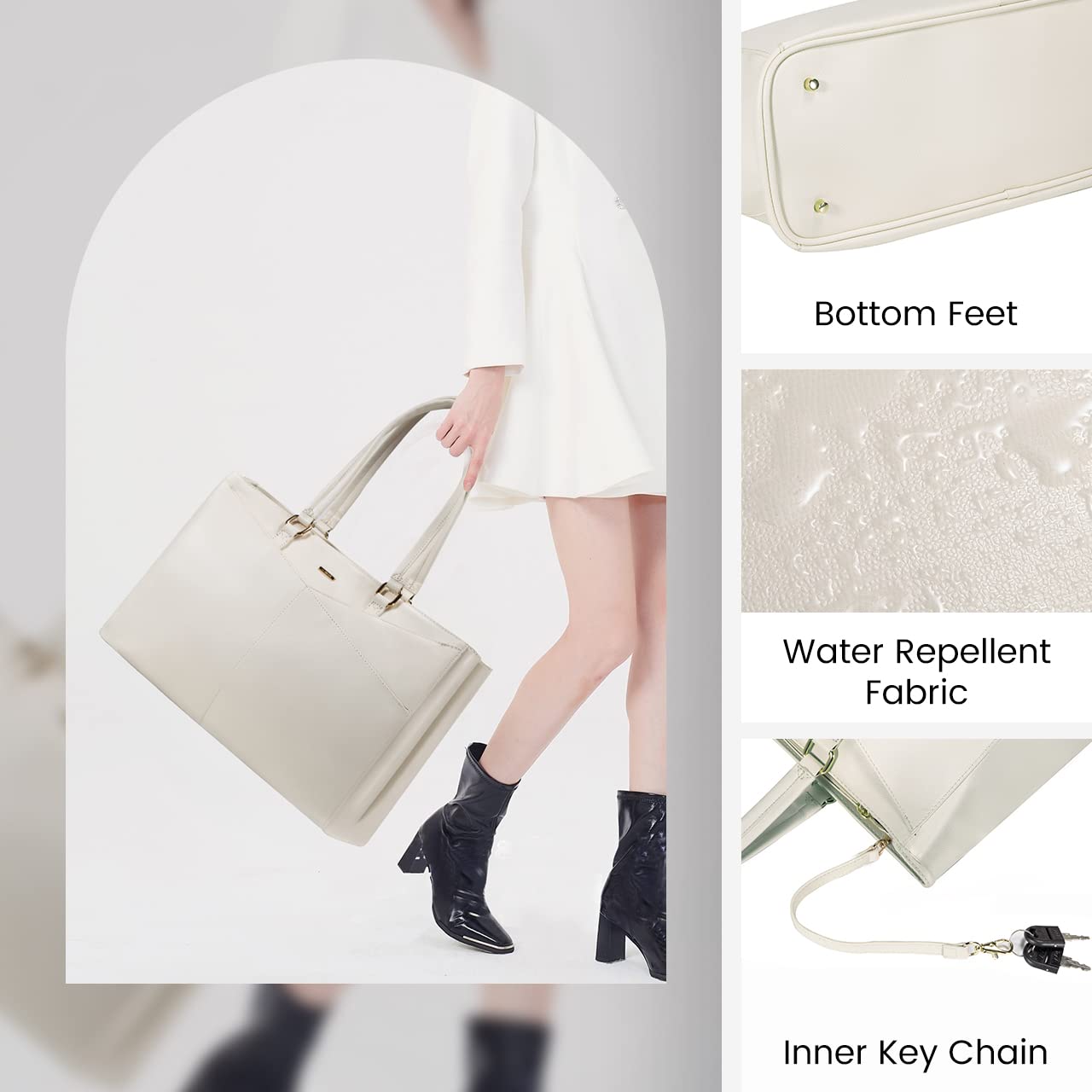 LOVEVOOK 15.6 Inch Waterproof Leather Laptop Bag for Women - Stylish Tote Briefcase for Business, Office & Work - Beige | Perfect for Commuting, Business Trips & Professional Meetings