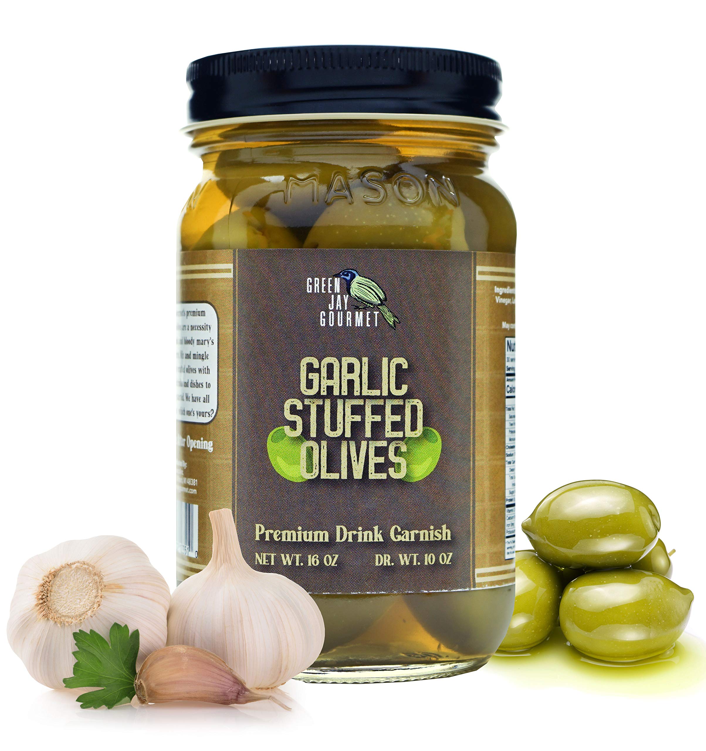 **Green Jay Gourmet Garlic Stuffed Olives – Large All-Natural Stuffed Green Olives for Cocktails, Cheese Boards & Dirty Martinis – 16oz Premium Cocktail Garnish & Gourmet Snack – Perfect for Parties, Charcuterie & Home Entertaining**