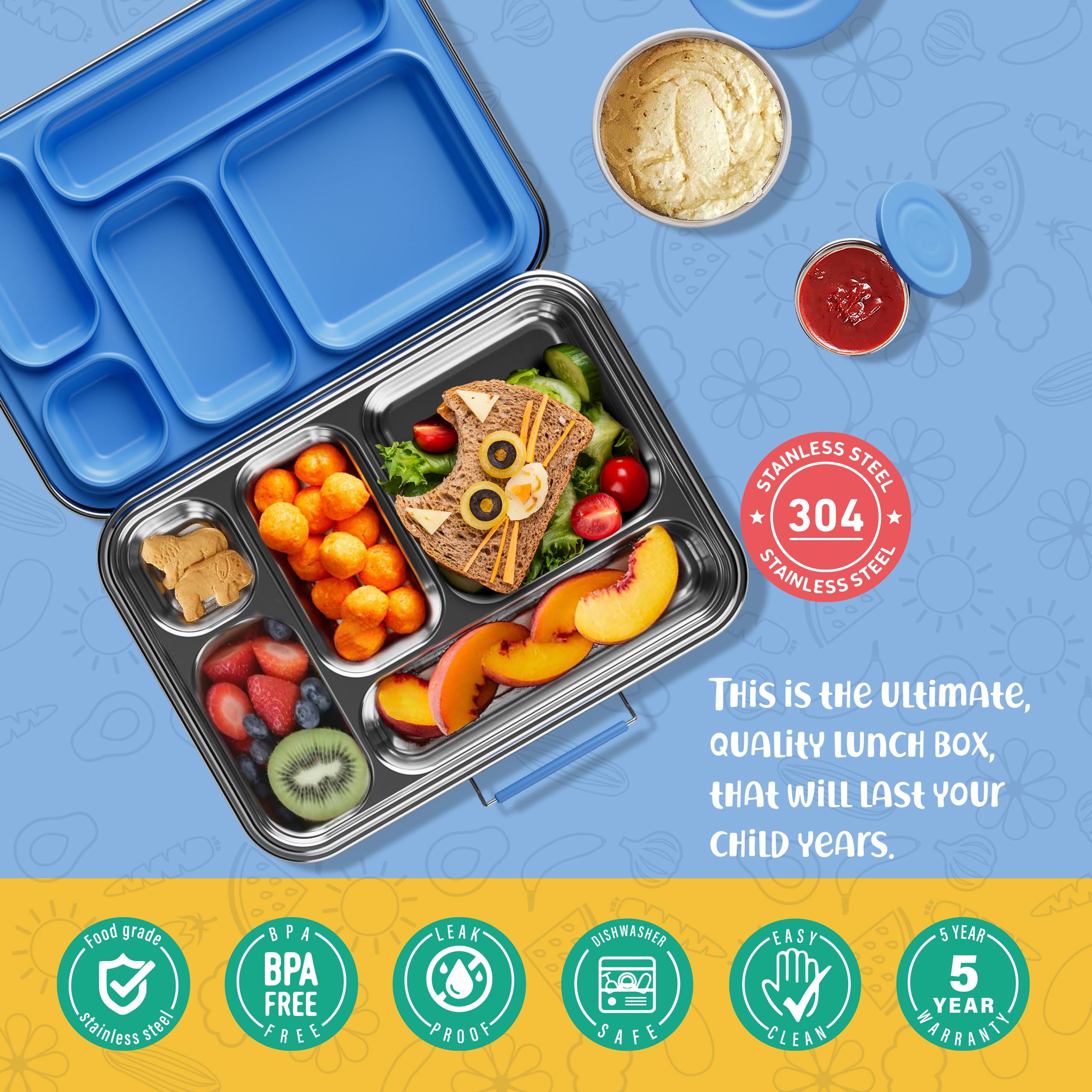 Stainless Steel Bento Lunch Box for Kids - BPA Free 304 Grade Metal Food Container for School, Office & Picnics - Leak Proof & Durable (Blue)