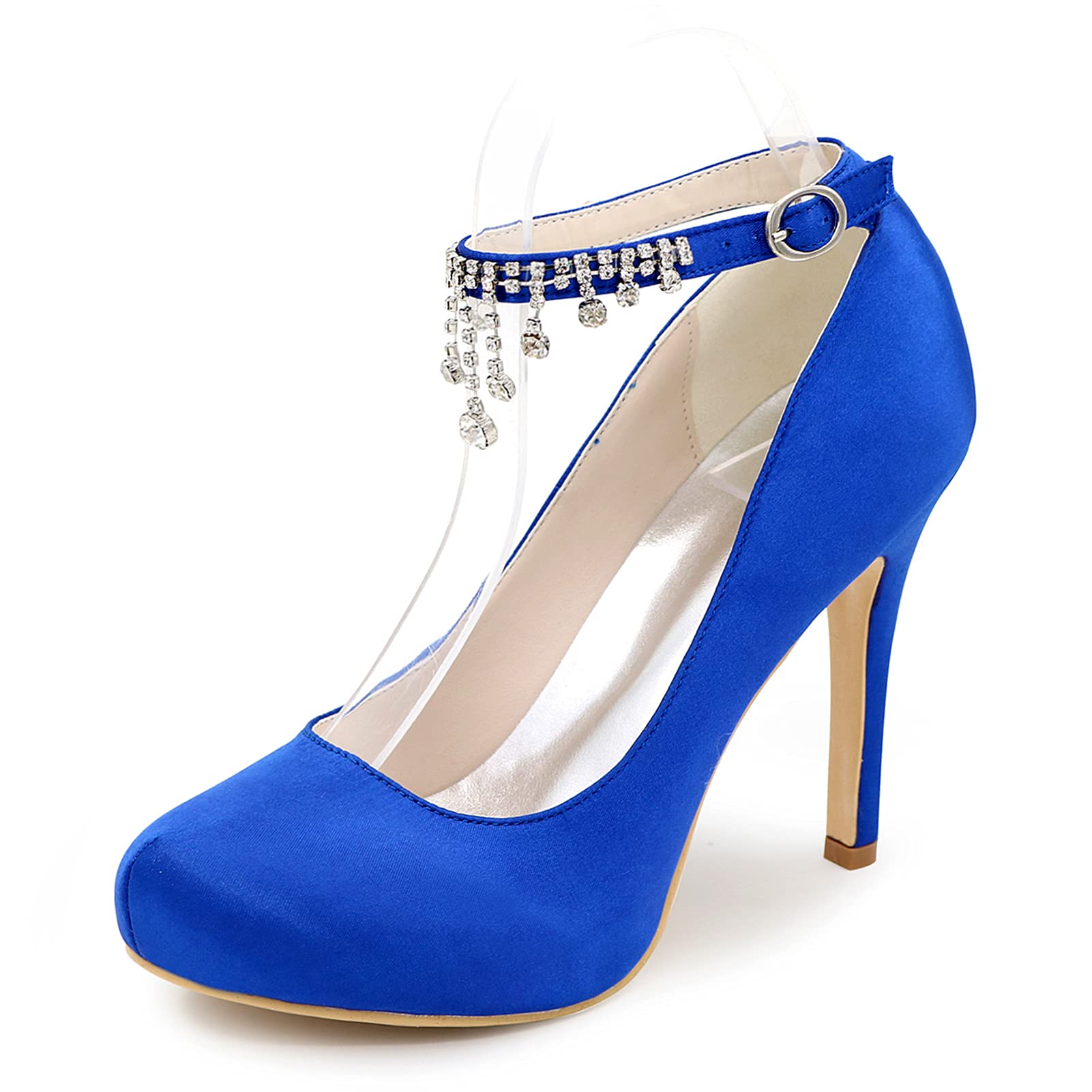 KSTORE Women's Satin Wedding Shoes - Comfortable Round Toe High Heel Pumps with Ankle Buckle & Rhinestone Decor - Perfect for Bridesmaids, Evening Parties and Special Occasions