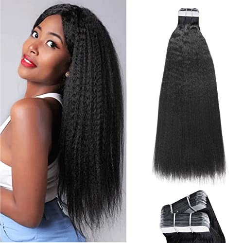 Premium 20-Piece 50g 9A Grade Tape-In Hair Extensions - 100% Real Brazilian Human Hair, Straight/Body Wave/Deep Wave/Kinky Curly/Kinky Straight Styles, Seamless Natural Black (24 Inch) for Daily Styling, Special Occasions & Volume Boosting