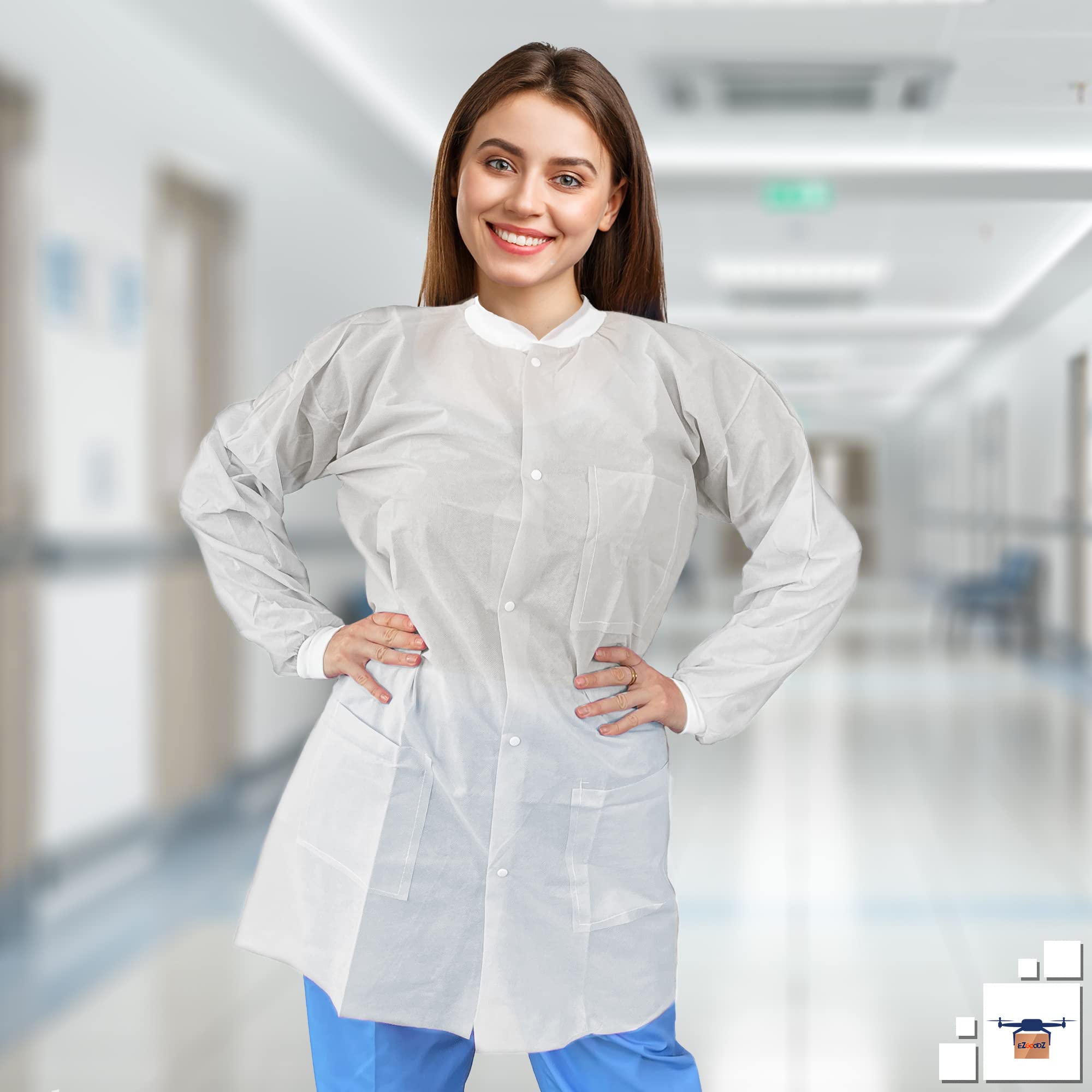 EZGOODZ White Disposable Lab Coats for Adults - Small (50 Pack) | 45 GSM Medical PPE Coat with Cuffs, Collar & 3 Pockets | Splash-Proof Painting & Medical Protective Wear for Hospitals, Labs & DIY Projects