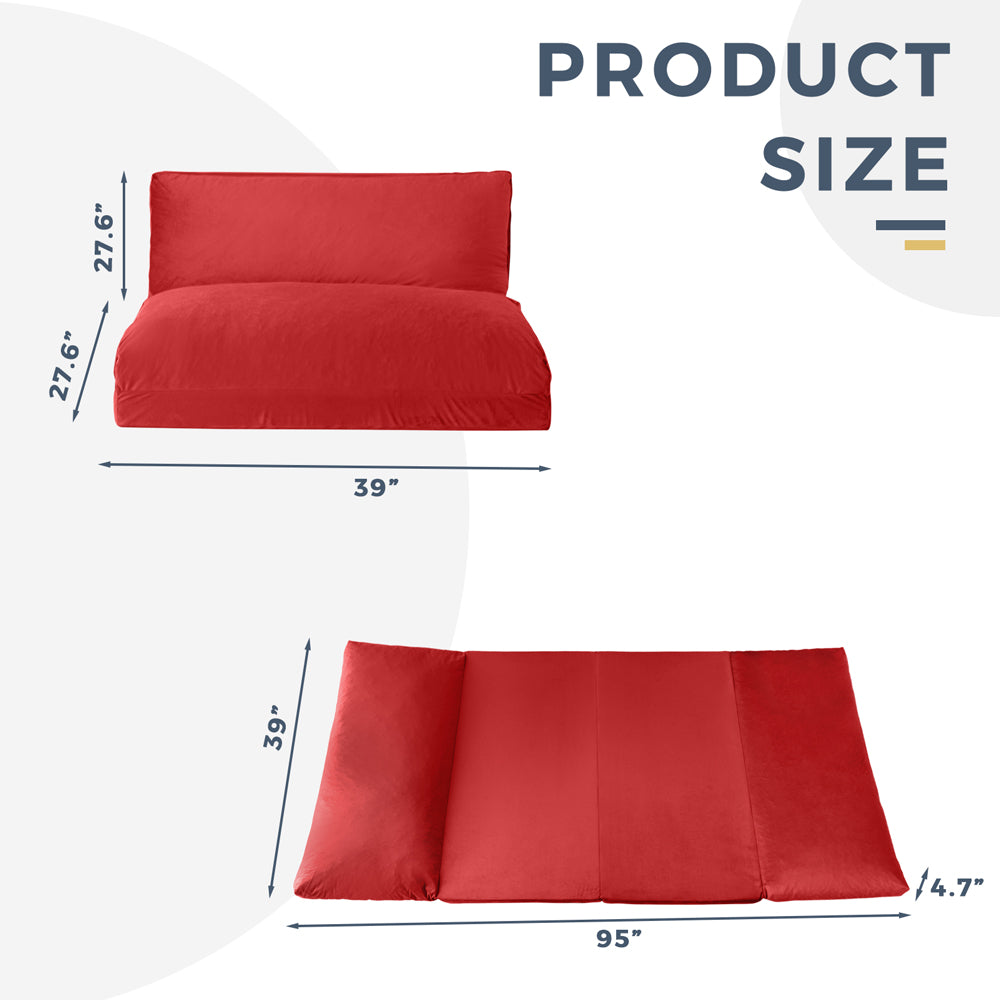MAXYOYO Velvet Bean Bag Folding Sofa Bed - Washable Cover for Adults, Red | Comfortable Floor Seating for Living Room, Bedroom & Game Room