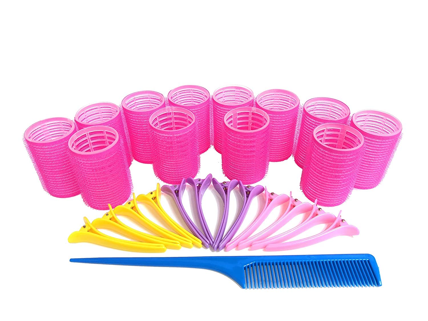 Kamay's 12-Piece Hair Rollers Set with 12 Duckbill Clips & Comb - 40mm (1.5 Inch) Self-Grip Curlers for Hair Styling & Cutting - Perfect for Salon, Home Use & DIY Hairstyles