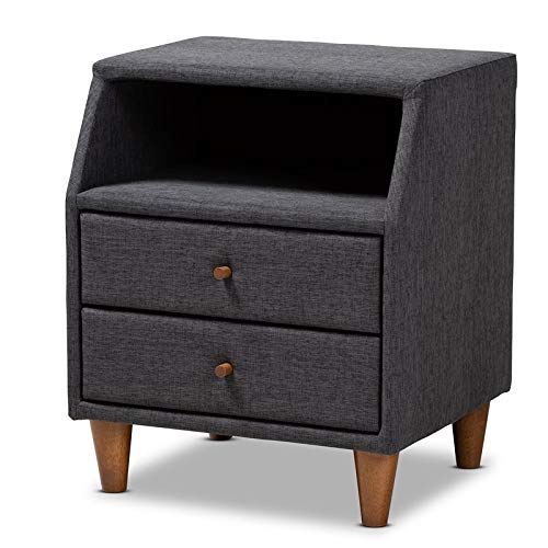 Baxton Studio Claverie 2-Drawer Nightstand - Modern Fabric & Wood Bedside Table in Charcoal Gray - Perfect for Bedroom Storage & Small Space Living