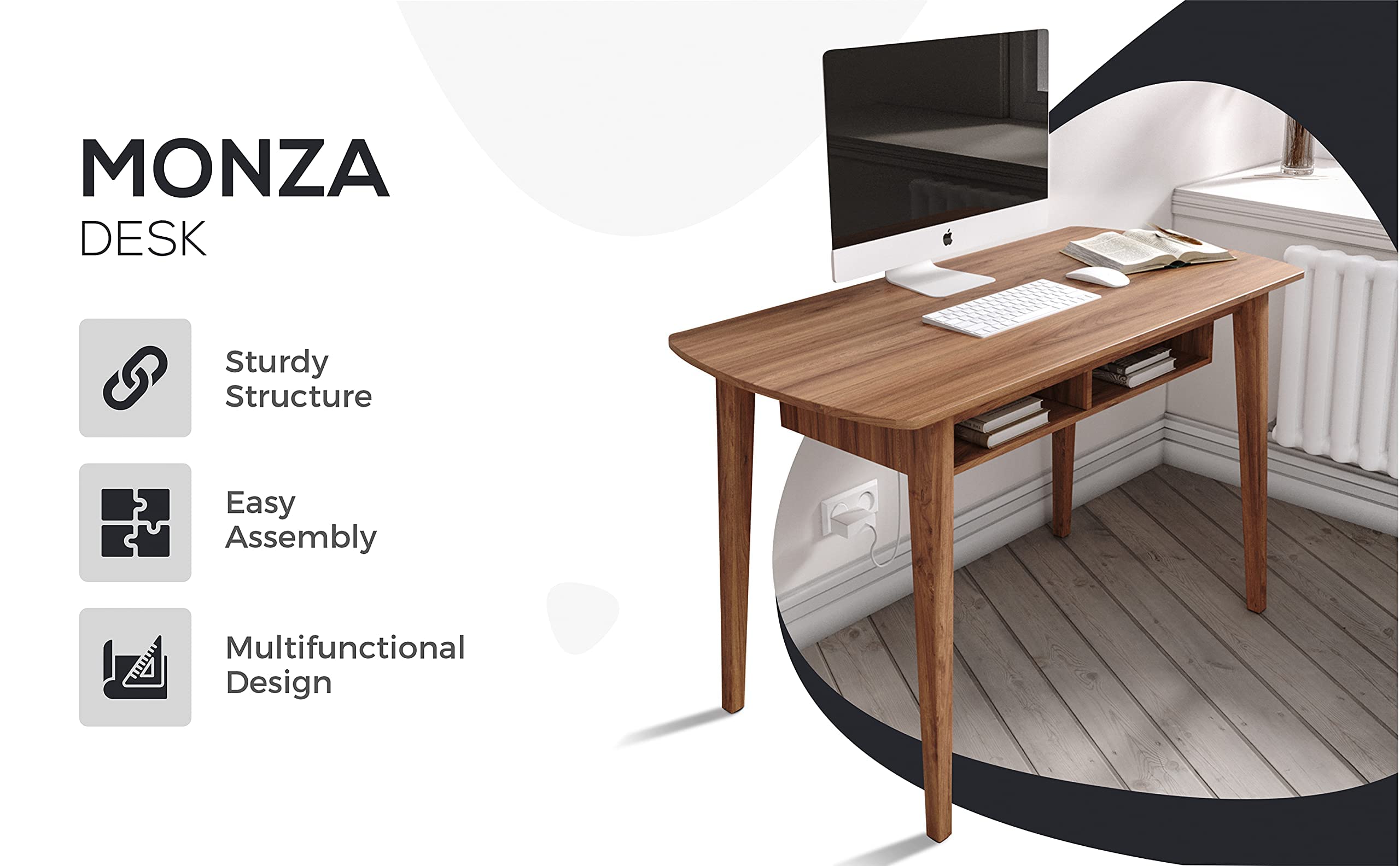 Modern Mid Century Computer Desk with Recessed Drawers - Walnut Writing Desk for Small Spaces | Home Office & Study Room Furniture for Compact Areas