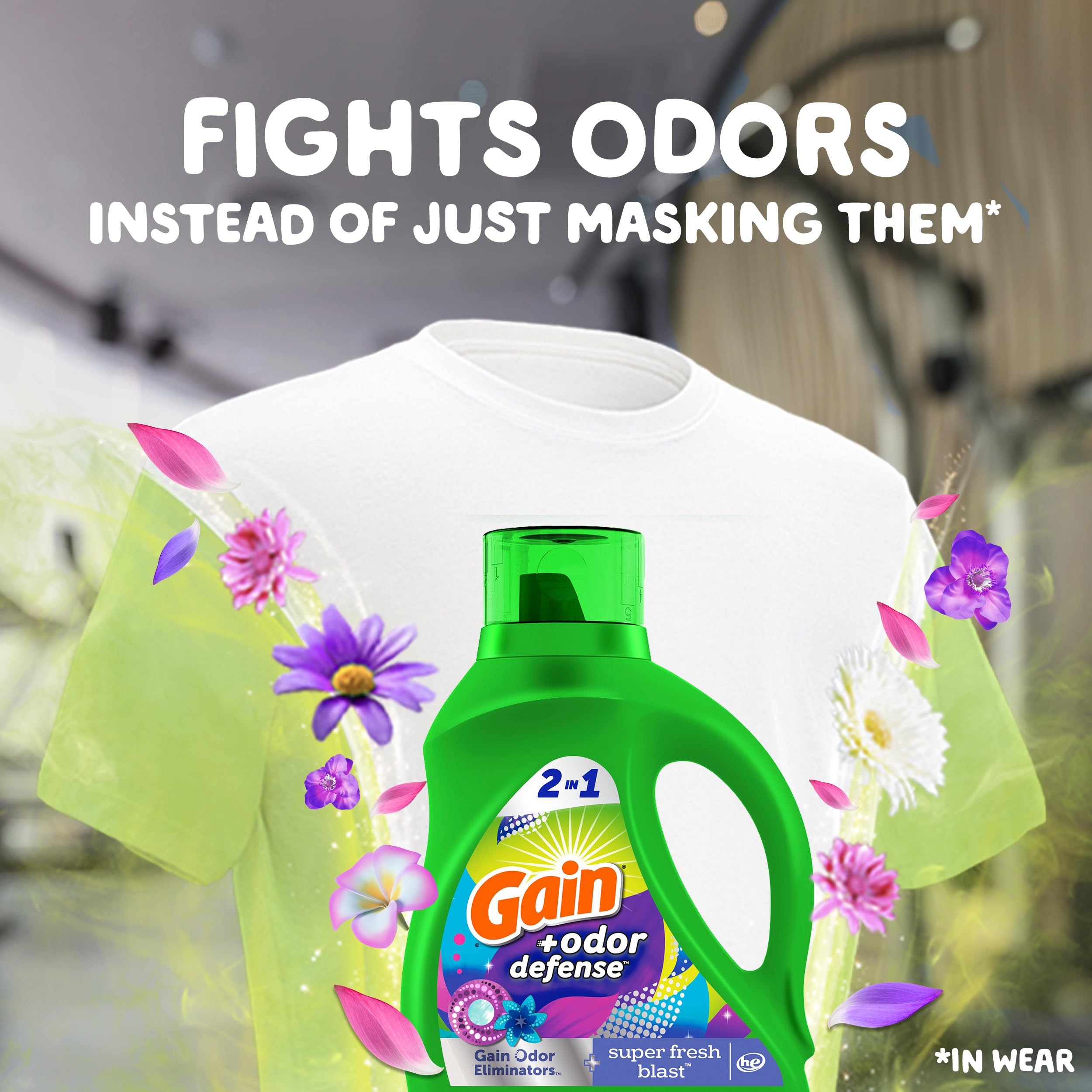Gain + Odor Defense Liquid Laundry Detergent - Super Fresh Blast Scent, HE Compatible (107 Loads, 154 fl oz) | High-Efficiency Laundry Detergent for Fresh & Clean Clothes | Perfect for Gym Wear, Sports Gear & Family Laundry