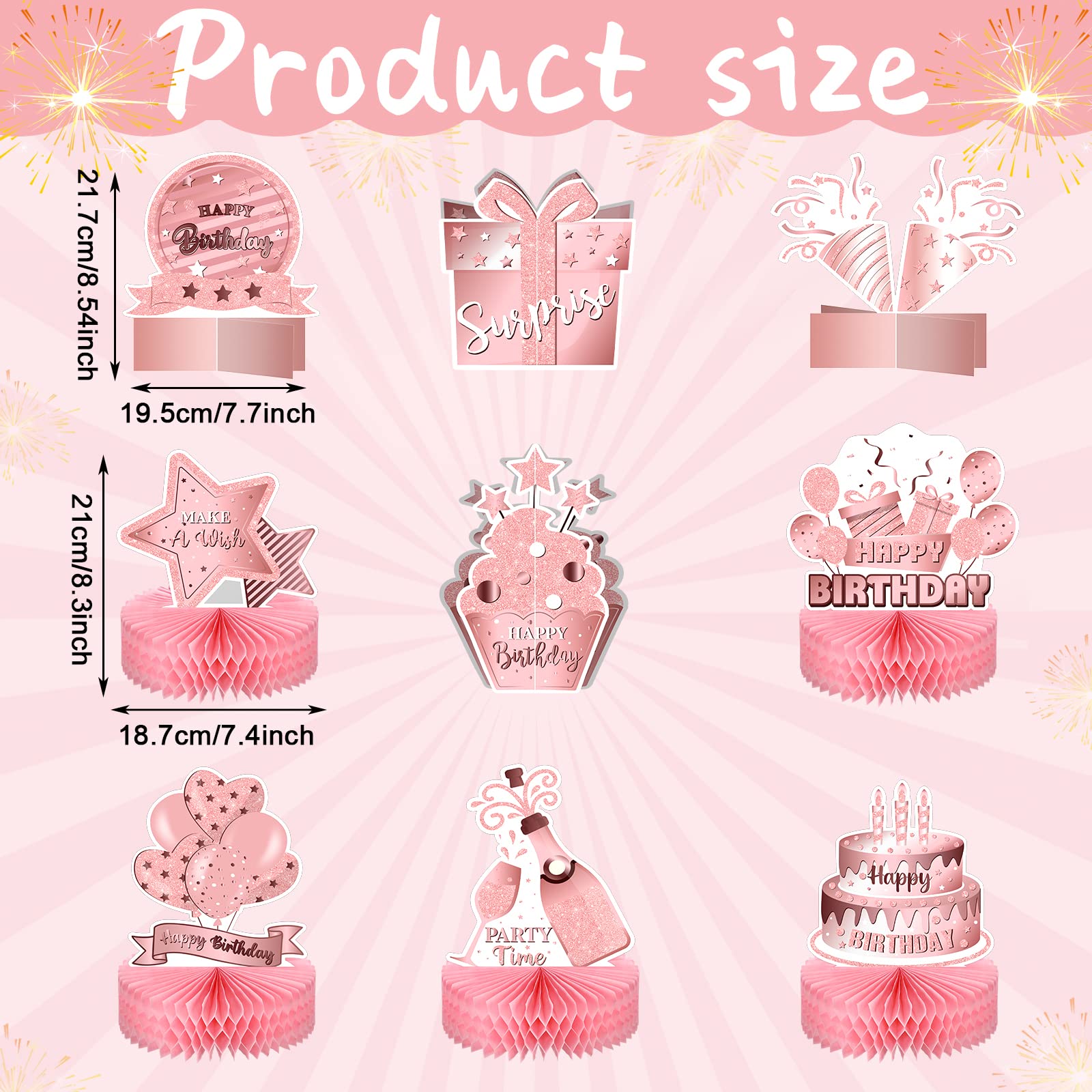 9 Pack Pink Rose Gold Honeycomb Table Decorations - Double Sided Birthday Party Centerpieces for Women & Girls - Perfect for Birthday Decor, Baby Showers, Bridal Showers & Photo Booth Props