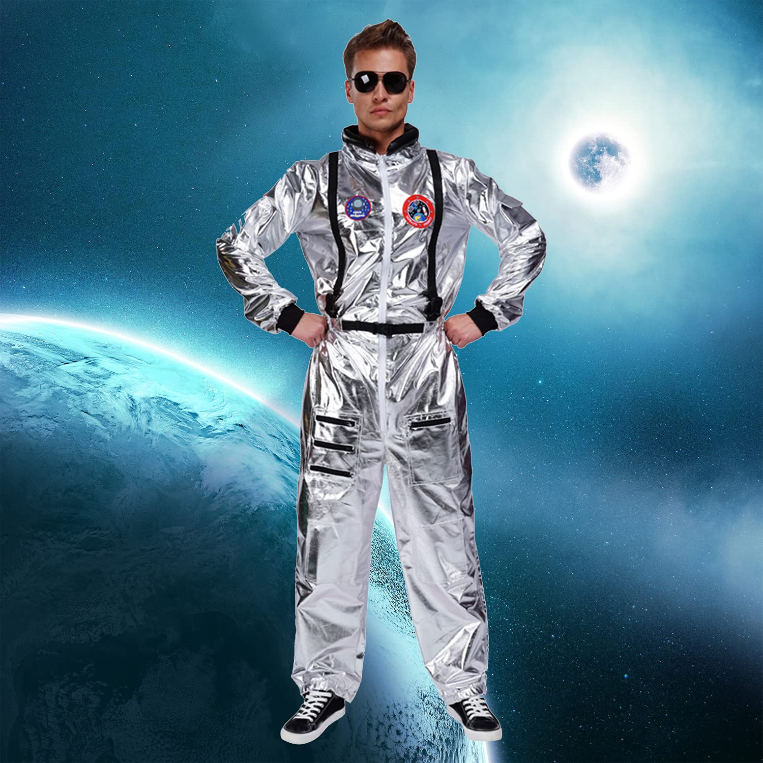 DSplay Adult Astronaut Space Jumpsuit Costume - NASA-Inspired Halloween Cosplay with Embroidered Patches & Functional Pockets | Perfect for Halloween Parties, Cosplay Events & Space-Themed Photoshoots