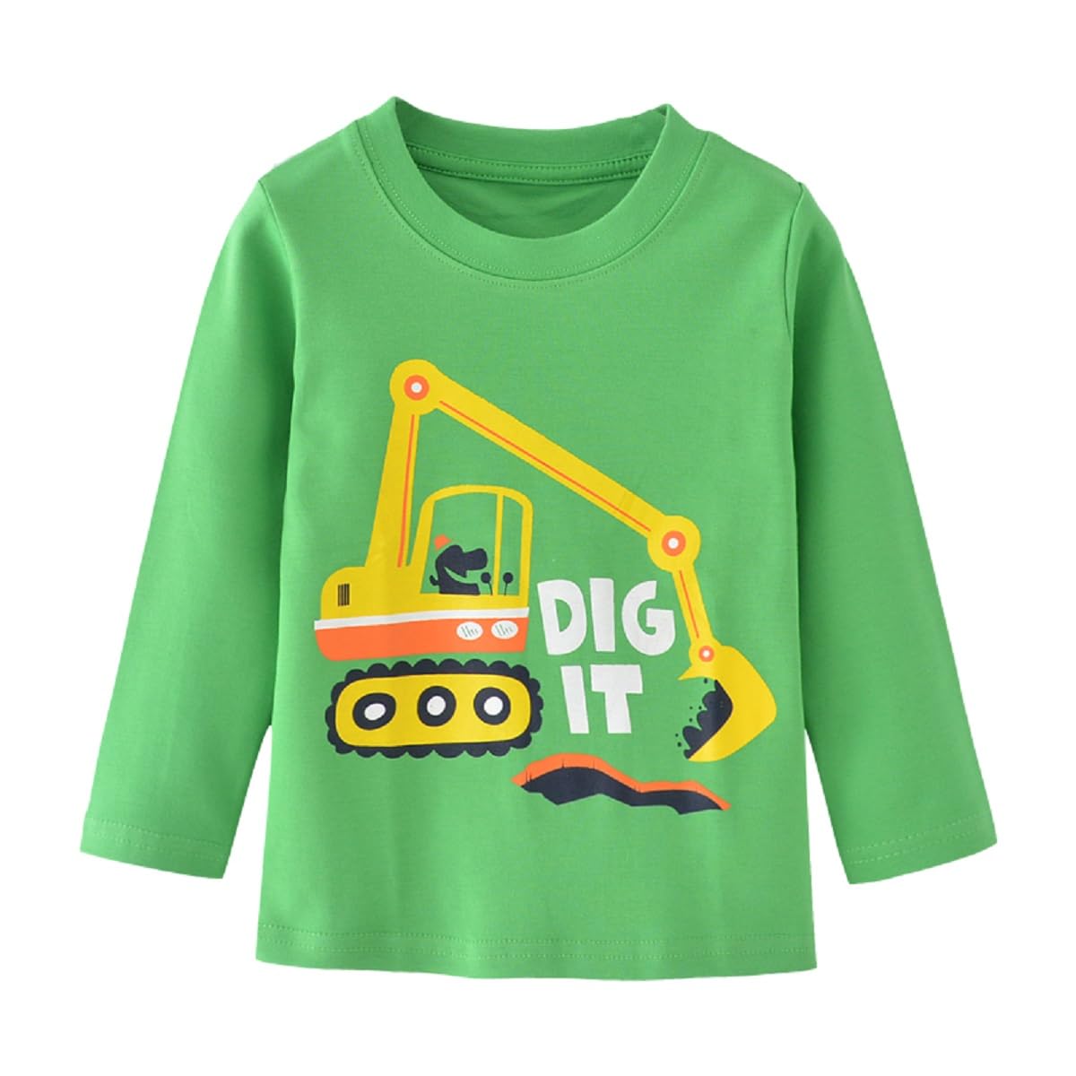 Boys' Long Sleeve Truck Print T-Shirt - Green Cotton Kids Tee for Playdates, School & Outdoor Adventures