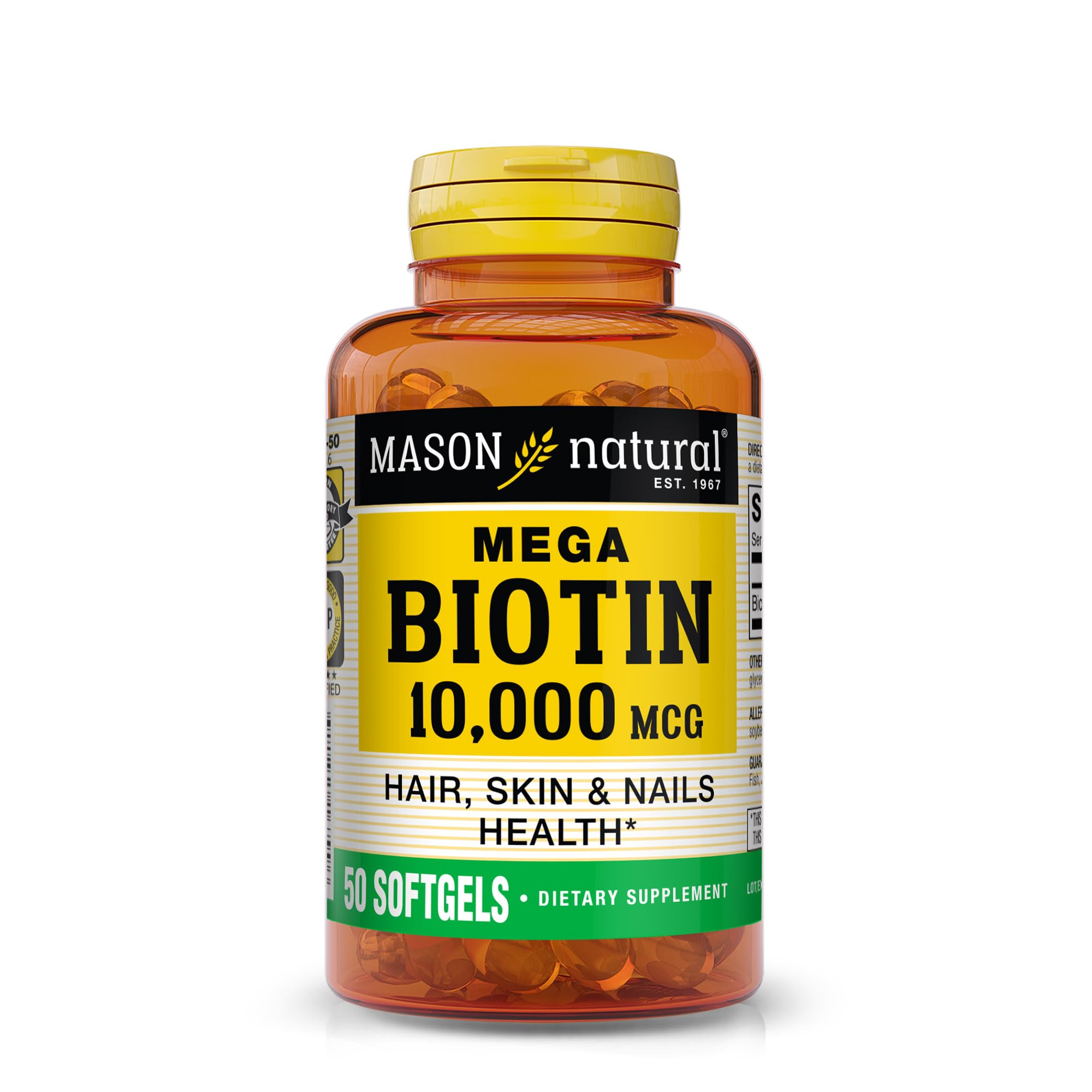 Mason Natural Mega Biotin 10000 mcg - Extra Strength Hair, Skin & Nails Supplement with Biotin for Healthy Growth, 50 Softgels | Supports Stronger Hair, Glowing Skin & Nails | Ideal for Beauty Routines & Daily Wellness