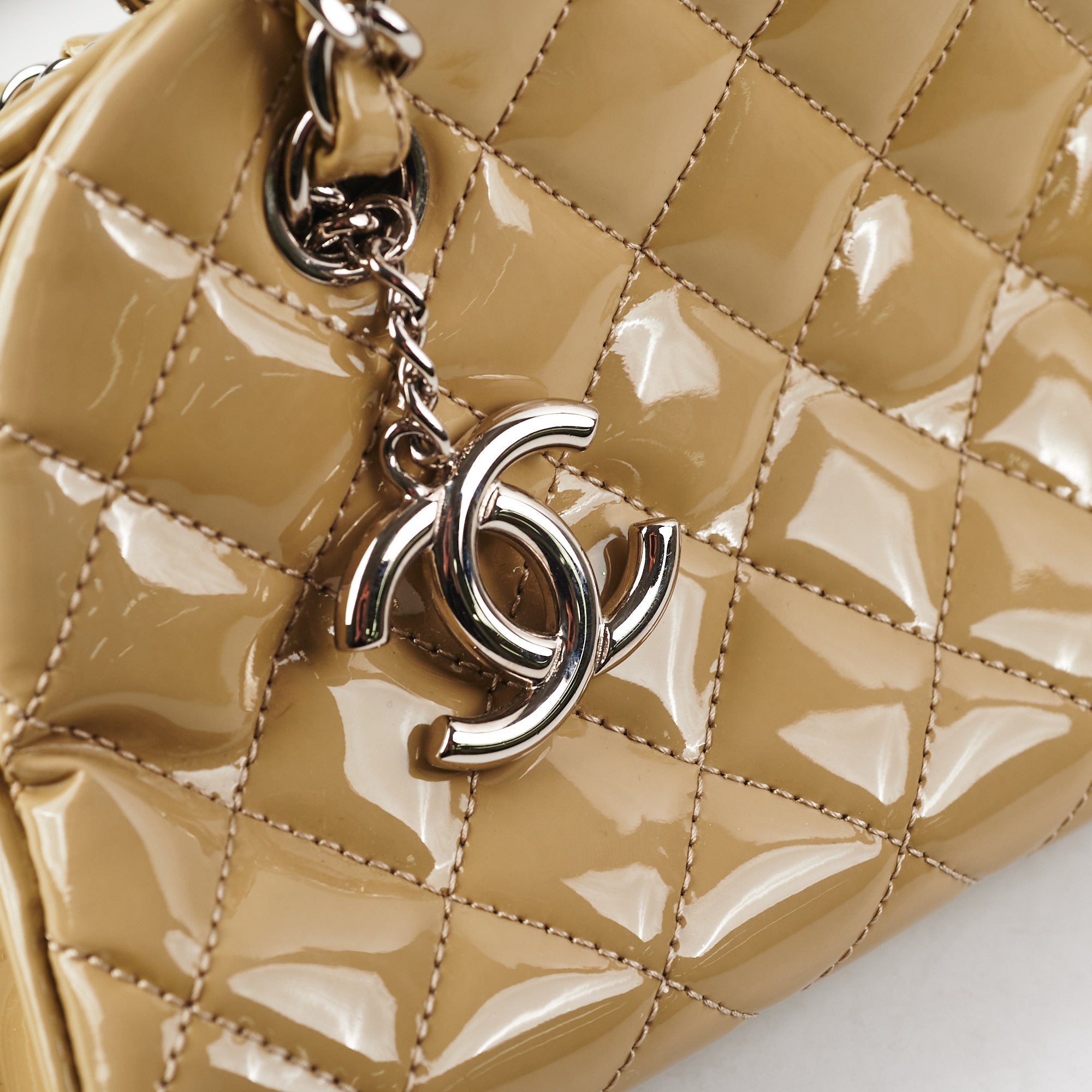 Chanel Mademoiselle Sage Green Patent Leather Bowler Handbag for Women | Luxury Designer Shoulder Bag for Work, Travel & Evening Events