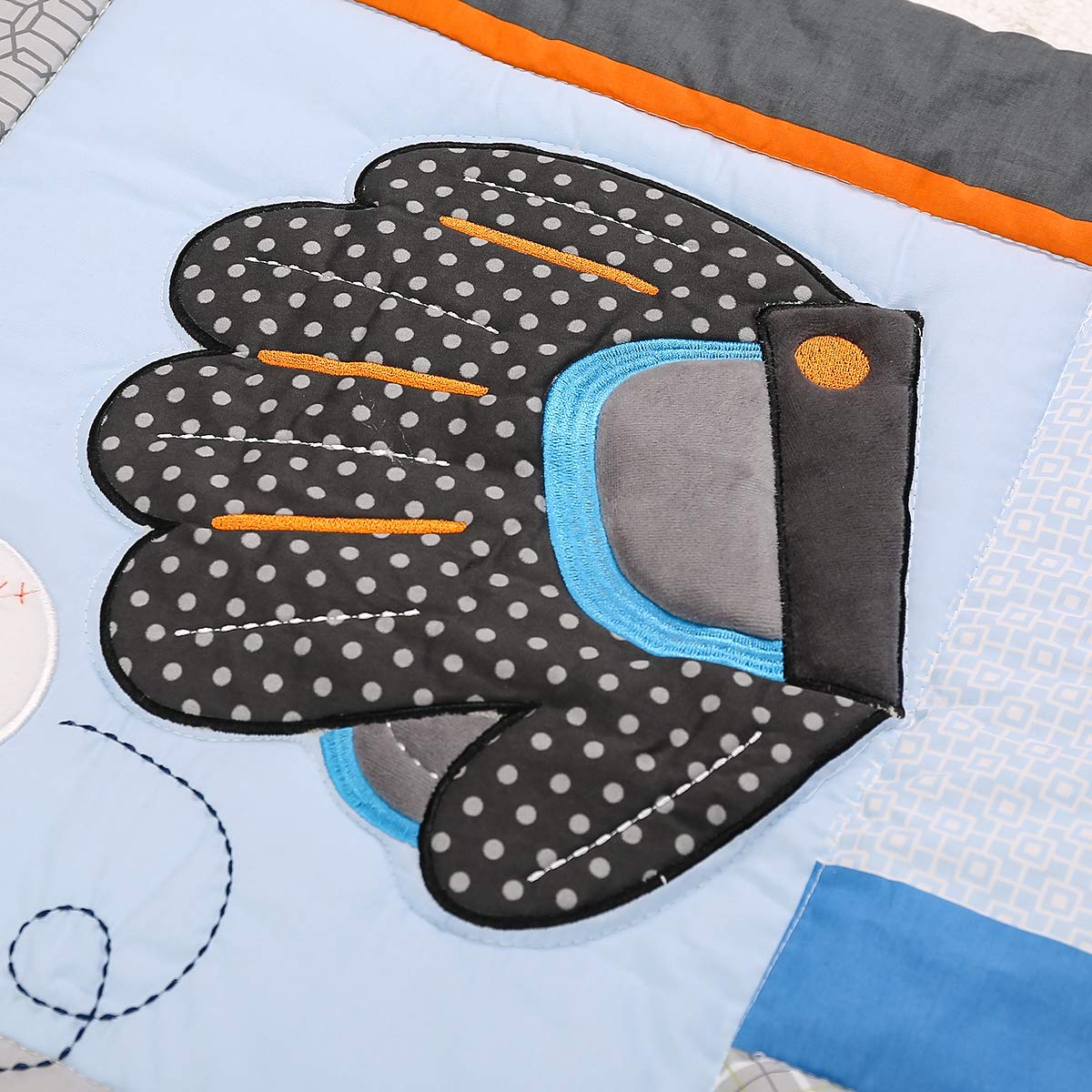 4-Piece Blue Grey Sports Nursery Crib Bedding Set for Baby Boys - Includes Quilt, Fitted Sheet, Skirt & Window Valance | Perfect for Sports-Themed Nursery Decor & Baby Shower Gifts