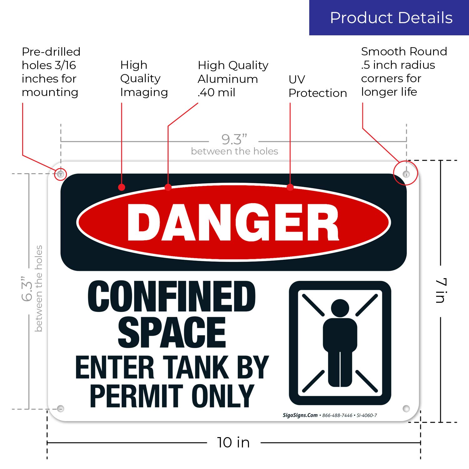Danger Confined Space Sign - Enter Tank by Permit Only | OSHA Compliant 10x7 Inch Aluminum Safety Sign | Rust-Free .040 Aluminum, Fade Resistant for Indoor/Outdoor Use | Made in USA | Perfect for Construction Sites, Warehouses & Industrial Facilities