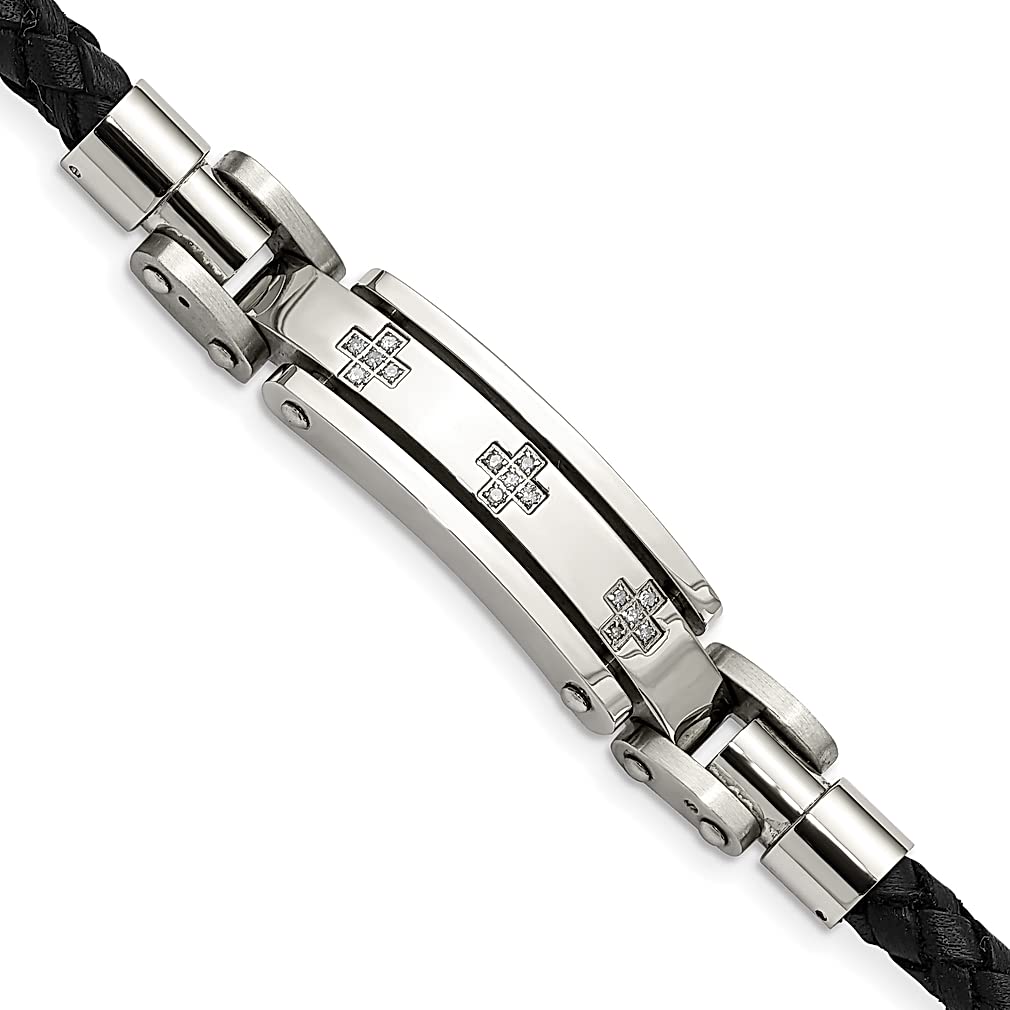 ICE CARATS Stainless Steel Black Leather 1/10 Carat Diamond Cross Bracelet - 8.25 Inch Mens Fashion Jewelry for Dad, Gifts for Him - Perfect for Birthday, Anniversary & Special Occasions