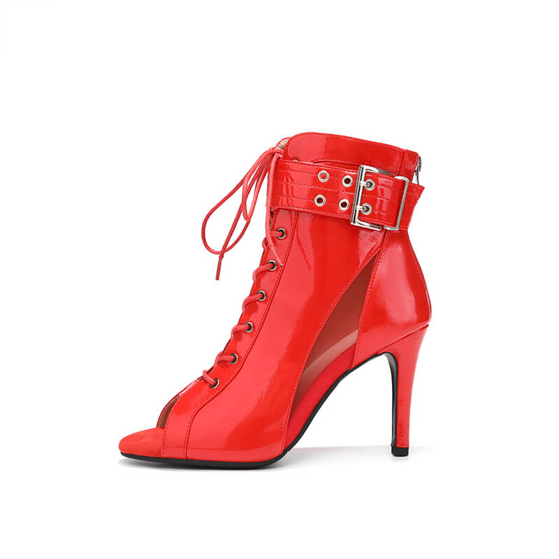 Stylish Red Patent Leather Ankle Boots with Buckle Detail - Perfect for Women's Fashion, Office Wear & Night Out Outfits