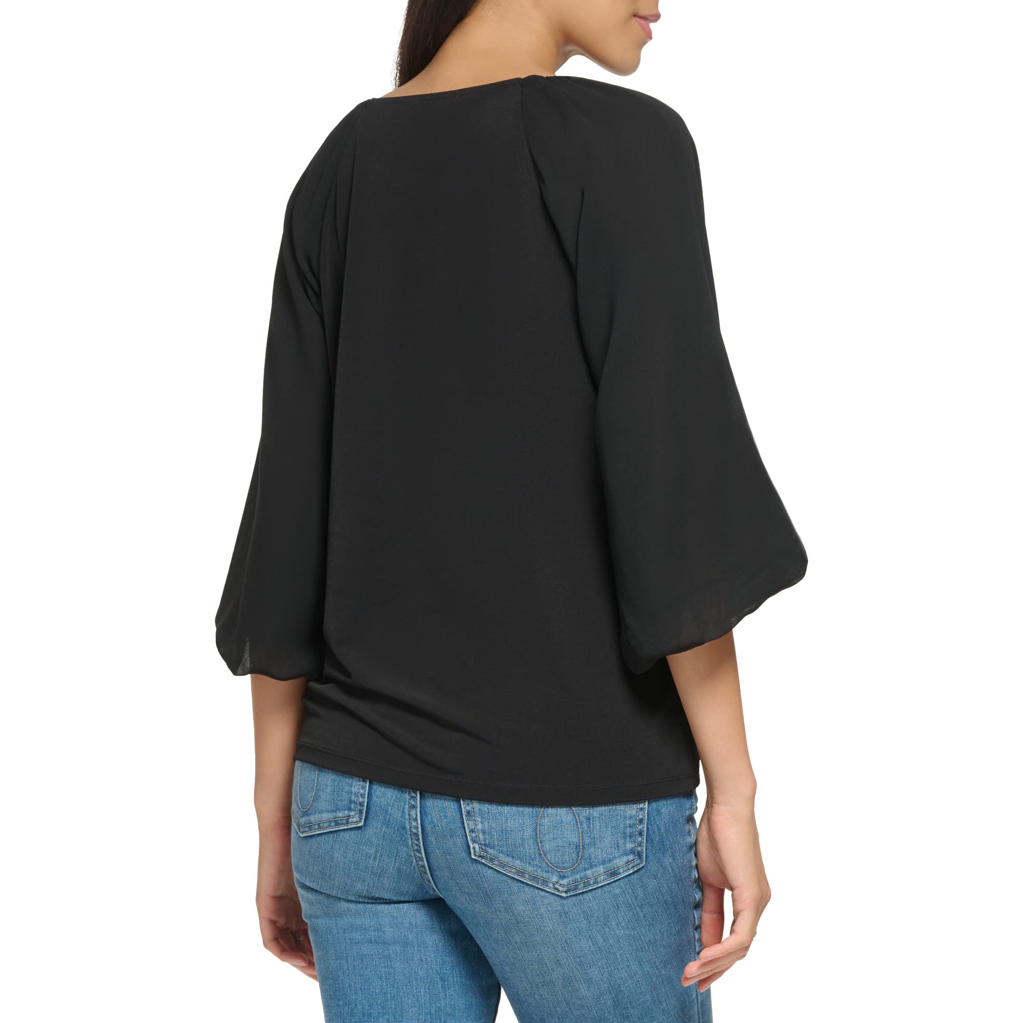 Calvin Klein Women's Loose Fitted Matte Jersey Mixed Media Lantern Sleeve Blouse | Casual Office Wear & Evening Outfits | Comfortable Stylish Top for Work & Social Events