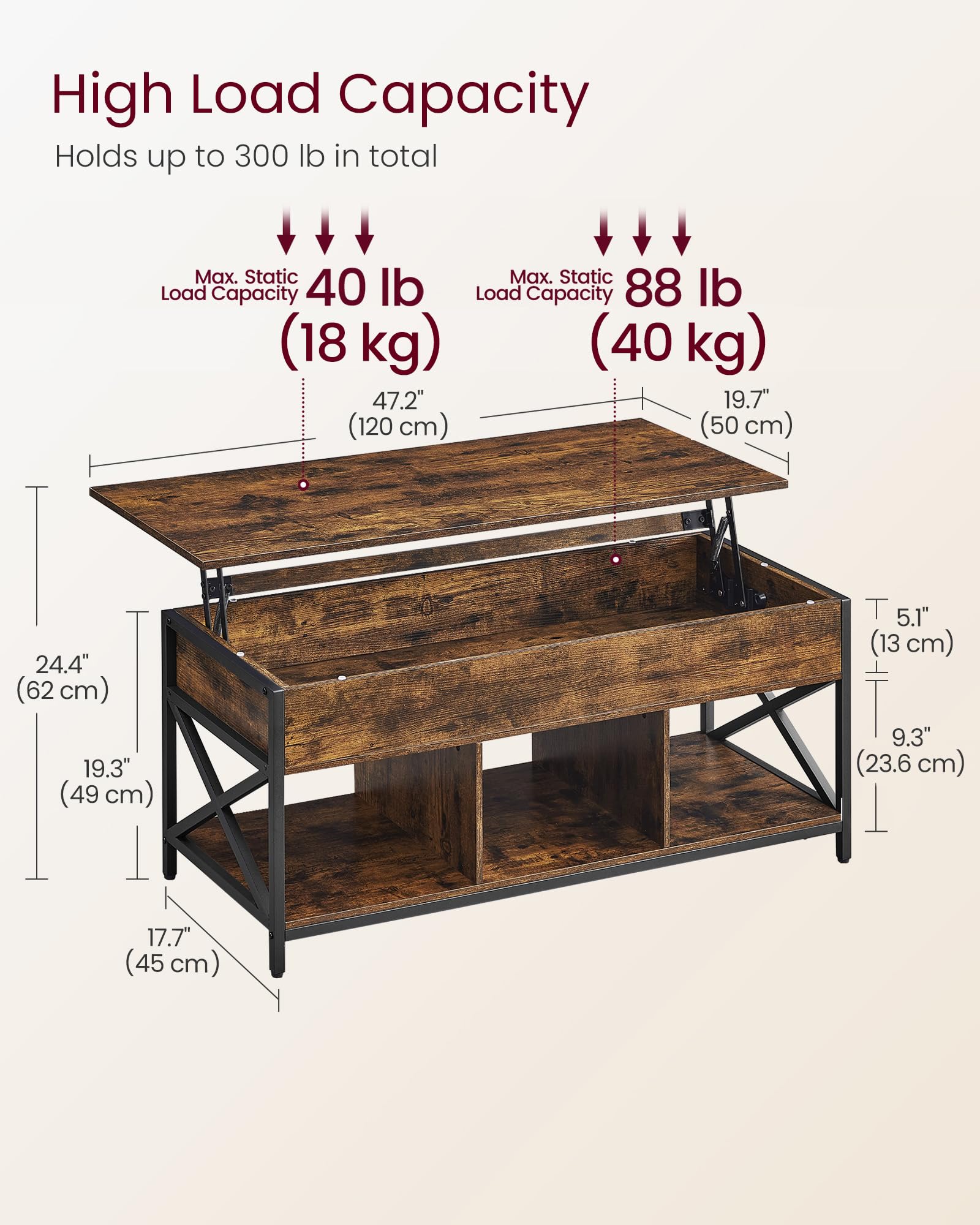 VASAGLE Industrial Lift Top Coffee Table with Hidden Storage Compartments, Rustic Brown & Black, 19.7