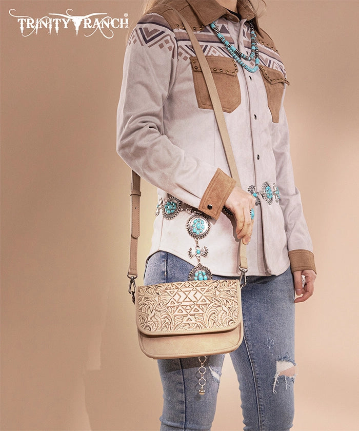 Trinity Ranch Aztec Tooled Leather Crossbody Purse for Women - Stylish Boho Handbag for Everyday Use, Travel & Casual Outings