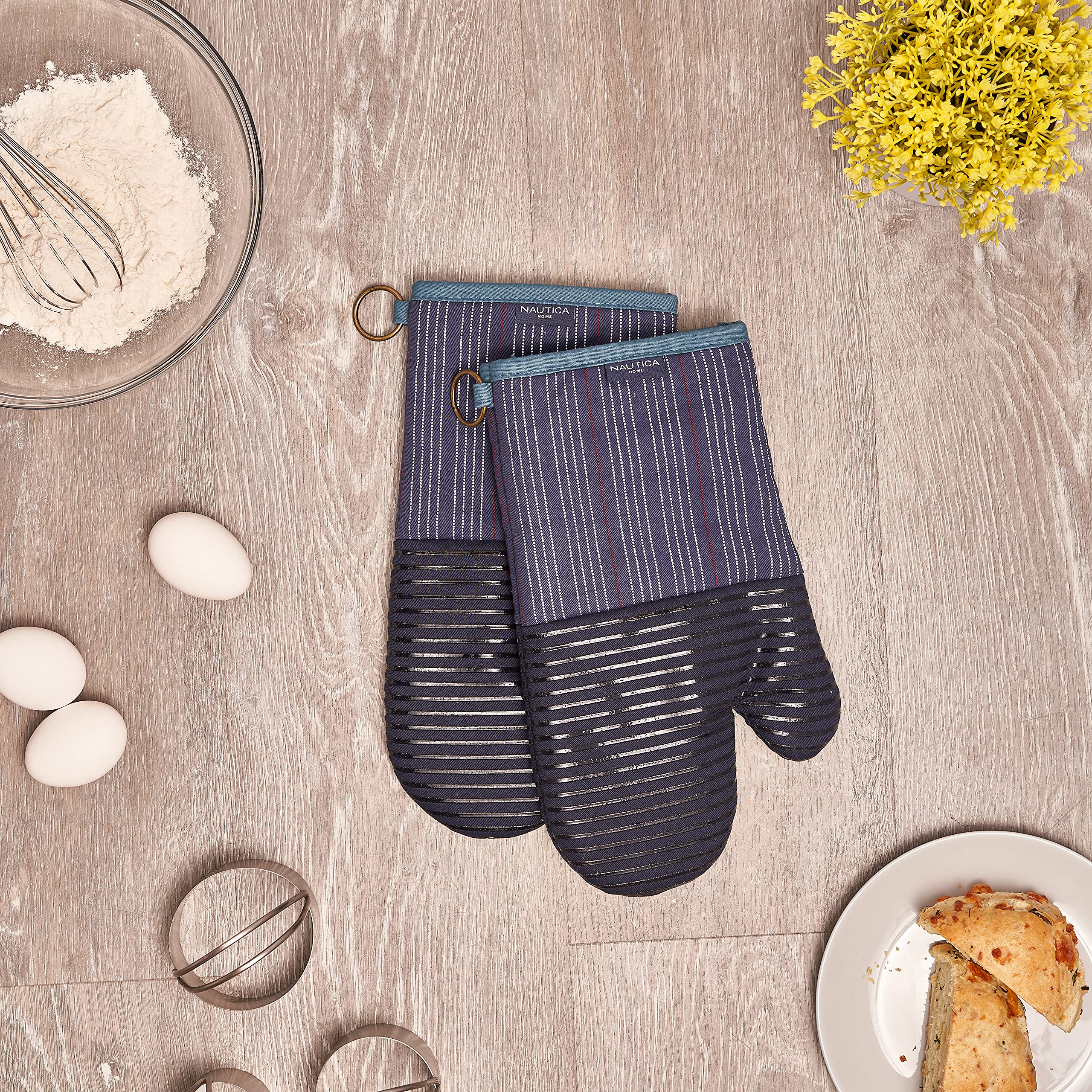 NAUTICA Home - Heat Resistant Oven Mitts & Potholders Set of 2, 500°F Silicone Grip, Navy Stripes - Perfect for Baking, Grilling & Cooking Safety