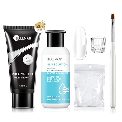 Clear Poly Nail Gel Kit 60ml (2oz) - All-in-One Nail Extension Set with Slip Solution, Dual Form Brush & Glass Cup | Beginner-Friendly Nail Art Design Kit for Salon, Home Manicures & DIY Nail Extensions