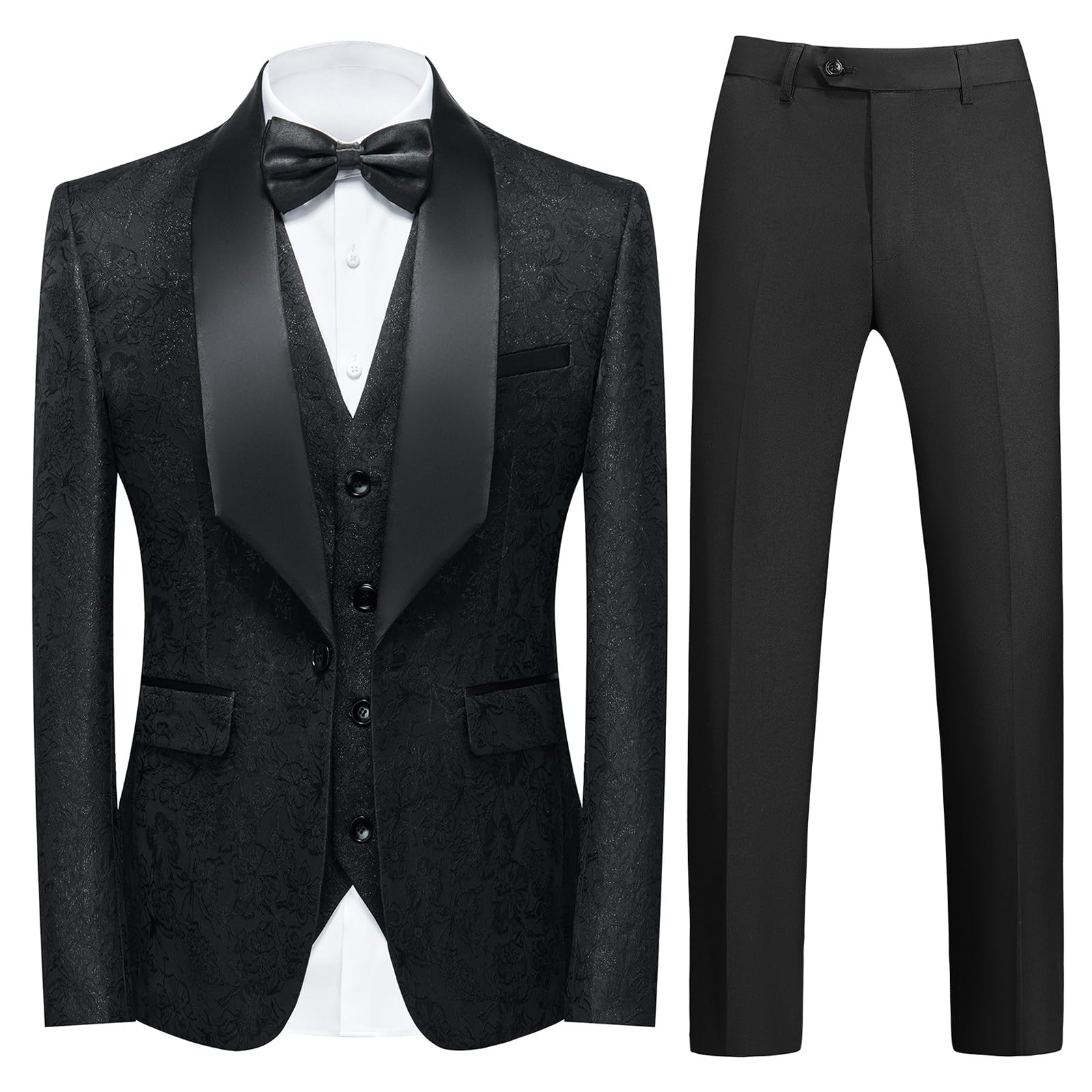 Men's 3-Piece Tuxedo Suit Set - Regular Fit Floral Pattern Blazer, Waistcoat & Pants | Formal Wedding, Prom, Evening Wear