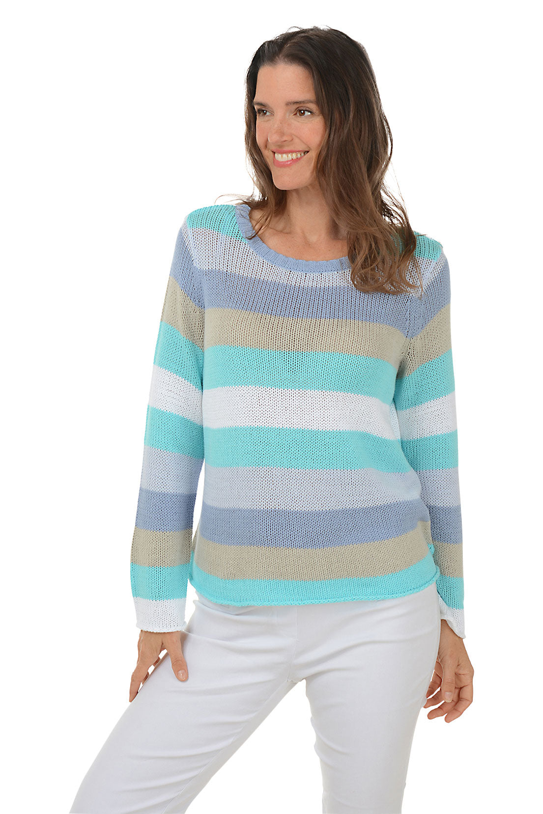Seaside Stripe Long Sleeve Sweater for Women - Soft Cotton Knit Pullover for Fall & Winter - Perfect for Beach Vacations, Casual Outings and Cozy Evenings