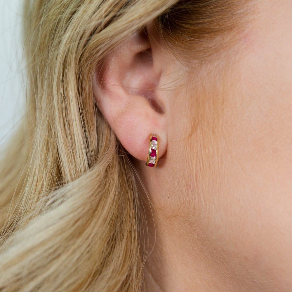 9ct Gold Red and White Zirconia Half Hoop Earrings for Women - Elegant Dangle Earrings for Party, Wedding & Everyday Wear