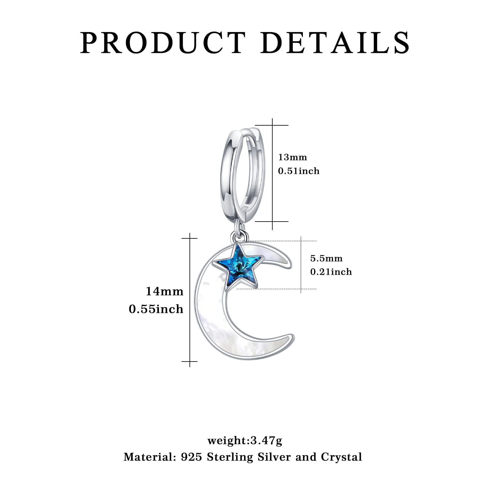 Elegant Sterling Silver Moon & Star Earrings for Women - Mother of Pearl Hoop Dangle Earrings with Blue Star Accents | Perfect Jewelry Gift for Mom, Birthday & Mother's Day | Ideal for Date Nights, Office Wear & Special Occasions