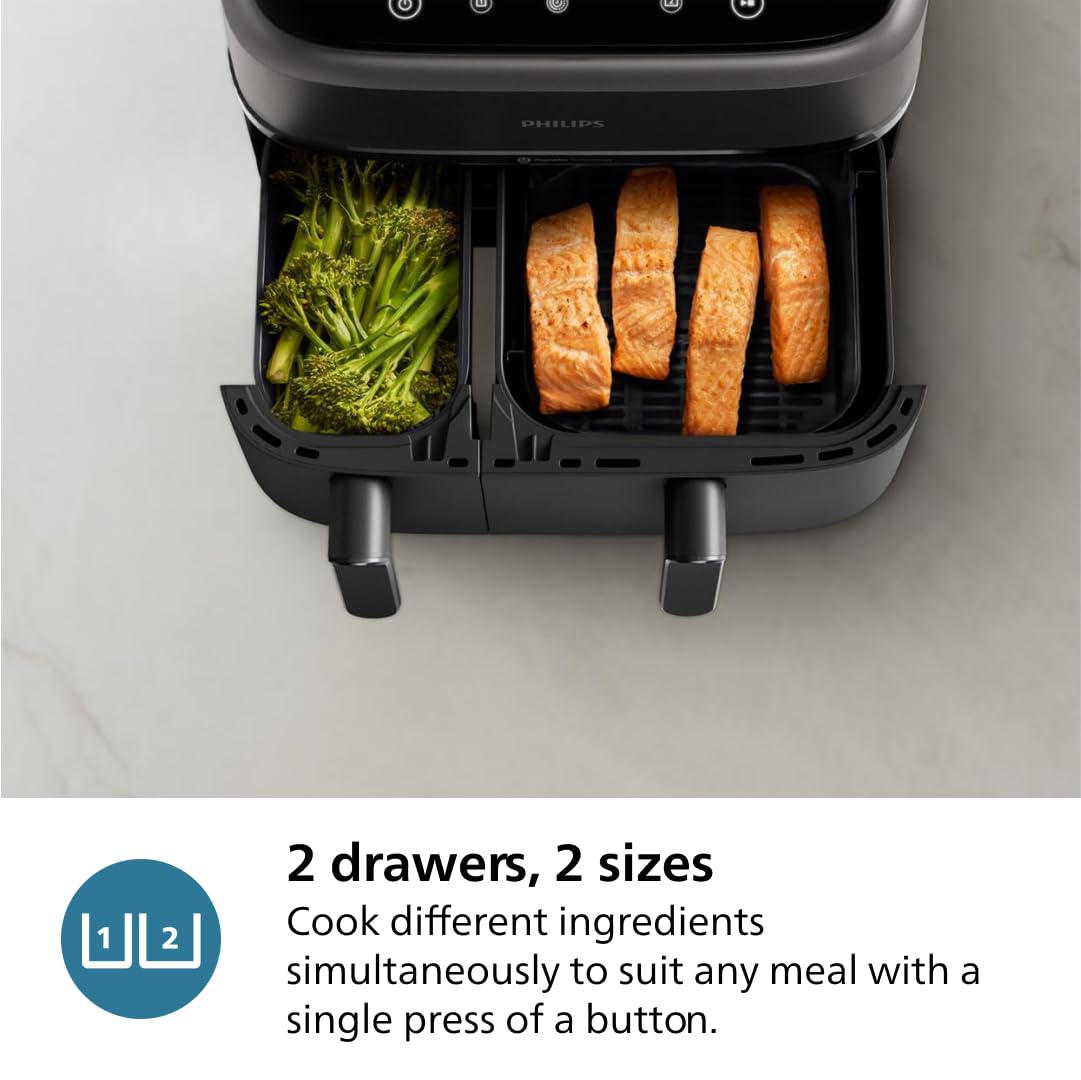 Philips Dual Basket Air Fryer 3000 Series - 8-in-1 Functions, 9.5 Quart Capacity, 2 Drawers with Auto-Sync Cooking | 90% Less Fat, Rapid Air Technology | HomeID Recipe App, Dishwasher Safe | Perfect for Family Meals, Healthy Snacks & Party Cooking (Black, Model NA350/00)