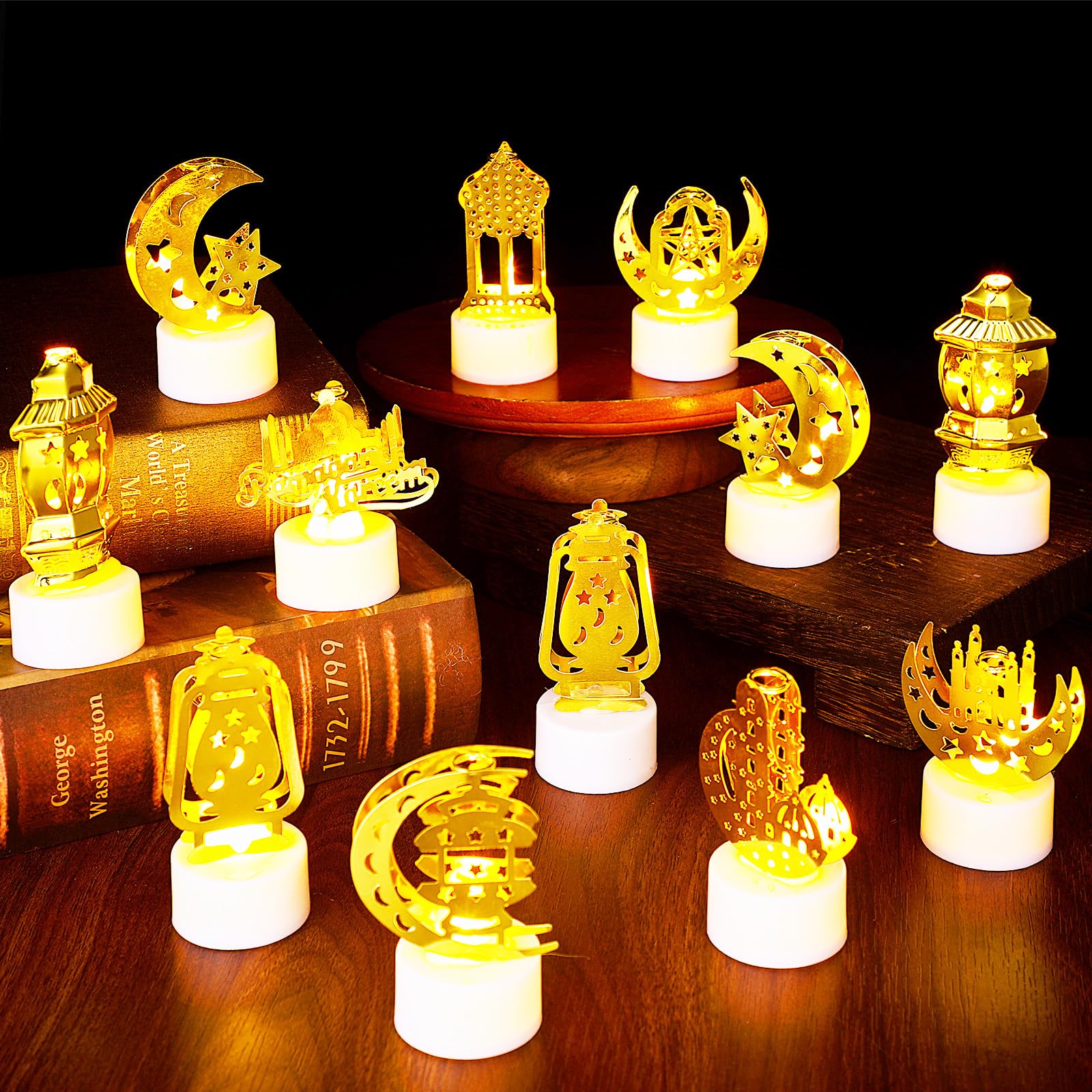 12 Pack Ramadan Mini Lantern Lights - Moon Castle Eid Mubarak LED Night Light with Flameless Candle Effect, Battery Included (Yellow Light) - Perfect for Ramadan Decorations, Eid Party Centerpieces, Home Tabletop Decor, and Islamic Festival Lighting