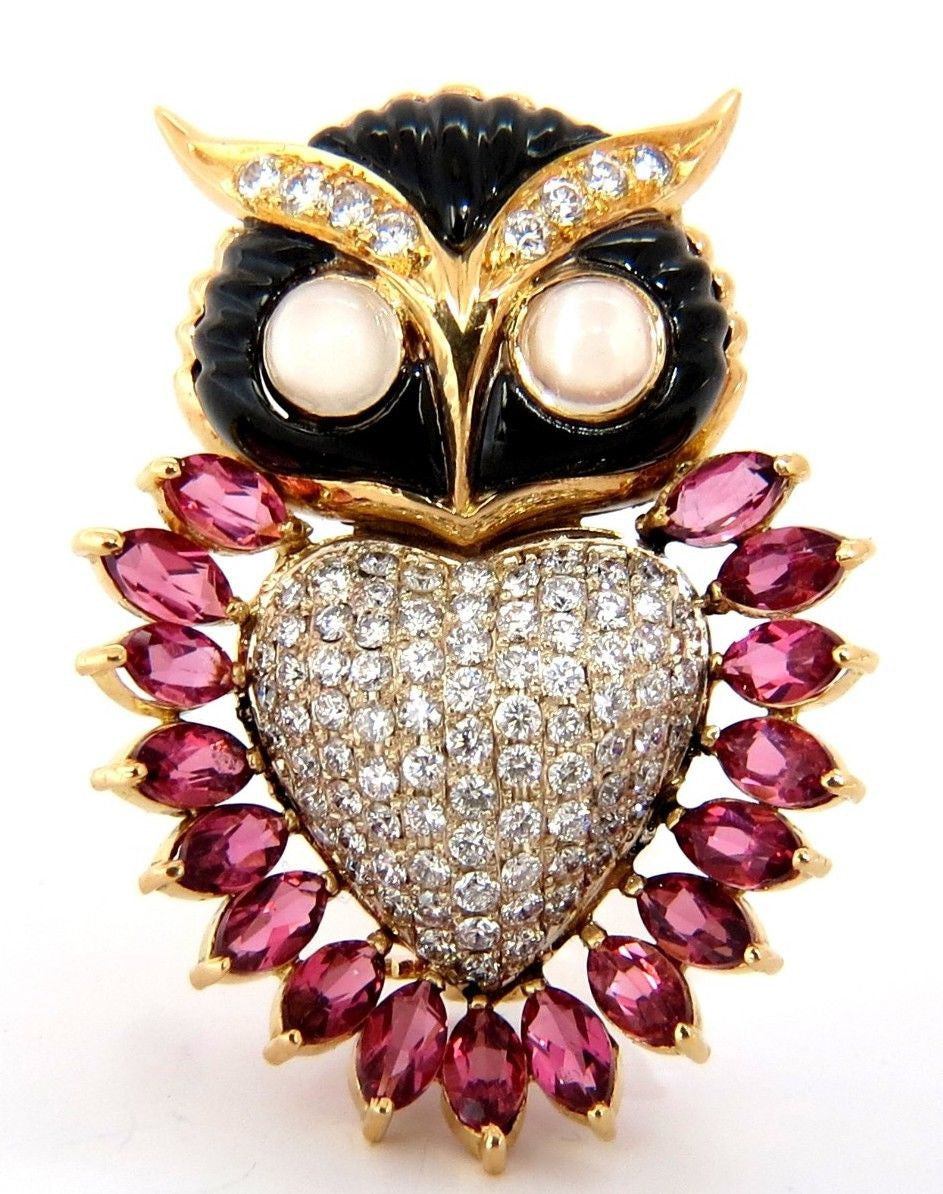 3.90CT Natural Tourmaline Diamonds Moonstone Black Onyx 3D Owl Brooch Pin 18KT Gold - Elegant Jewelry Gift for Women, Perfect for Weddings, Parties & Special Occasions