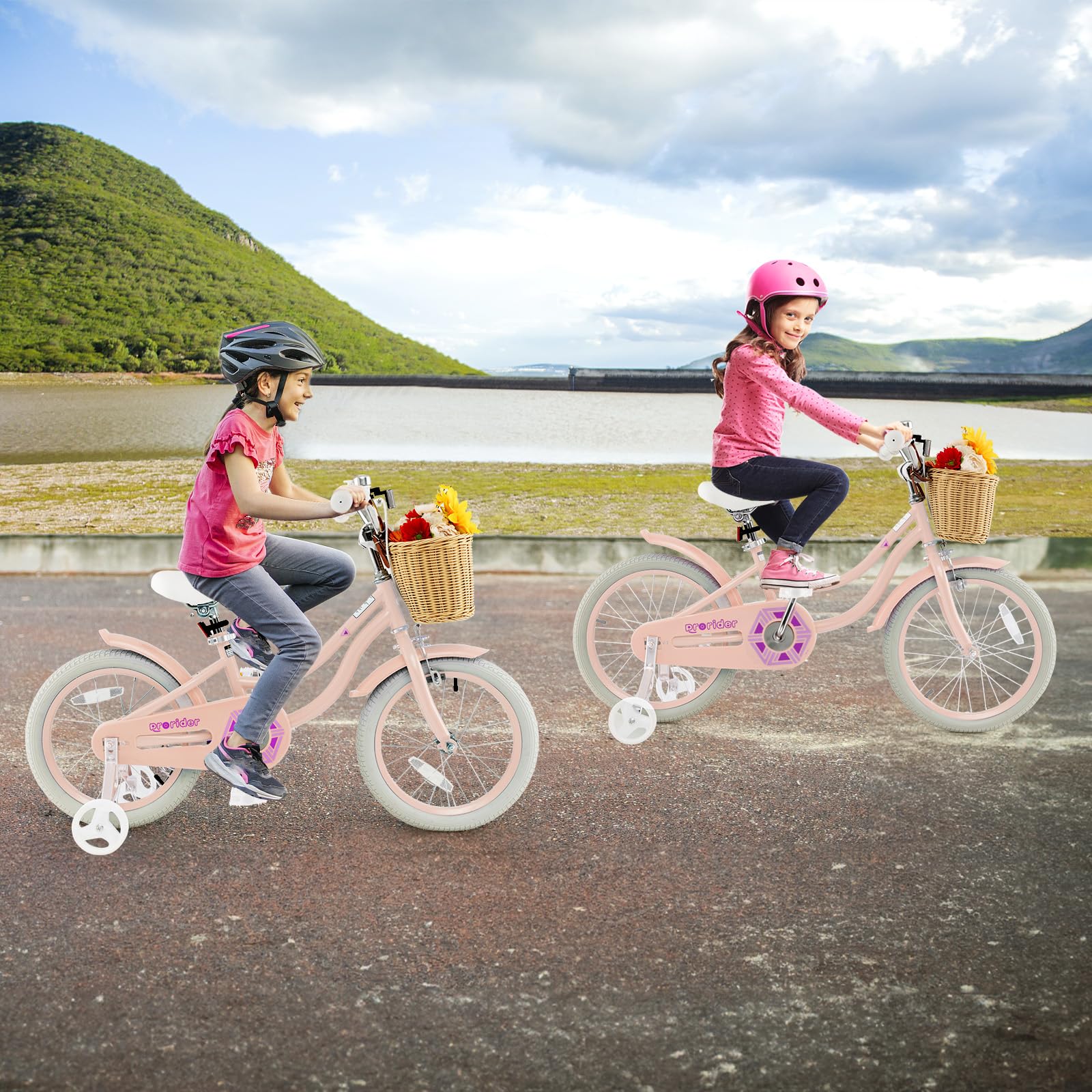 BABY JOY 14 16 18 Inch Kids Bike for Boys & Girls Ages 3-8 - Retro Children's Bicycle with Training Wheels, Adjustable Seat, Rattan Basket & Dual Brakes (Pink, Green, Blue) - Perfect for Neighborhood Rides, Park Adventures & Learning to Cycle