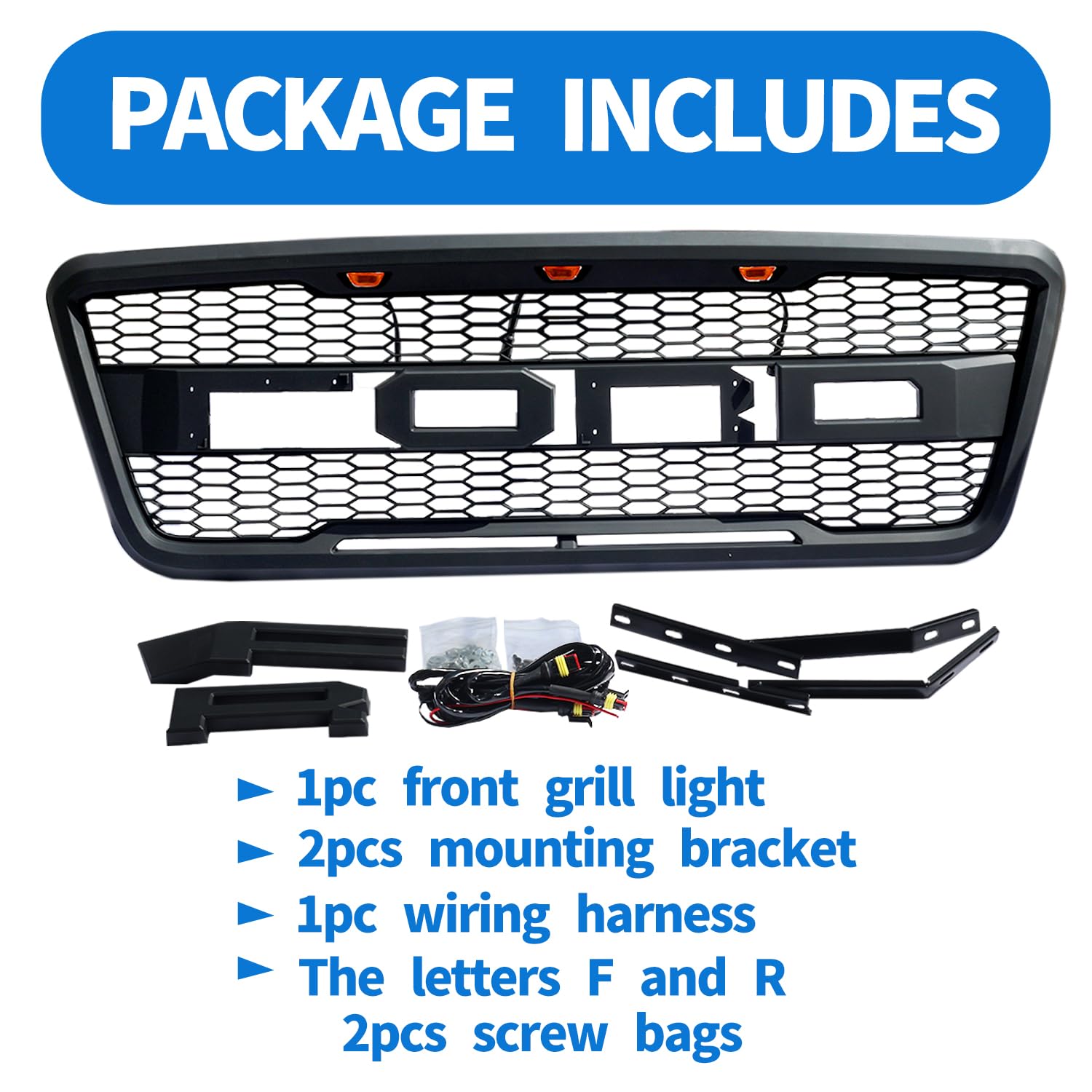 Ford F150 Front Grille Replacement 2004-2008 | Raptor Style Mesh Grill with 3 Amber LED Lights | Matte Black | Perfect for Off-Roading & Truck Customization