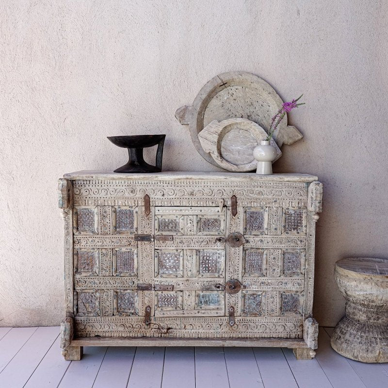 Vintage Indian Solid Wood Sideboard - Handcrafted Damchiya Cabinet for Dining Room, Living Room & Home Decor