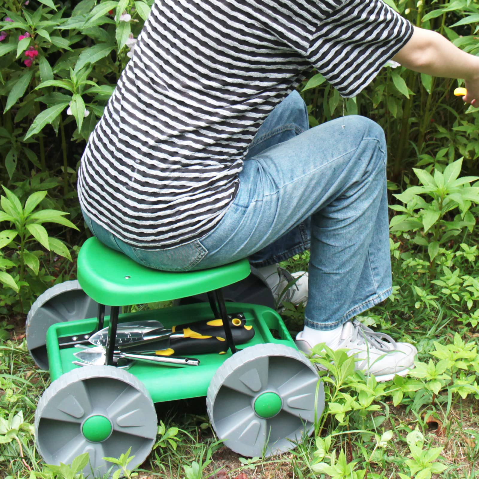 Lightweight Rolling Garden Stool with Wheels - Adjustable Gardening Scooter Seat with Tool Tray & Comfortable Foam Kneeler Pad | Perfect for Outdoor Planting, Weeding & Yard Work Supplies
