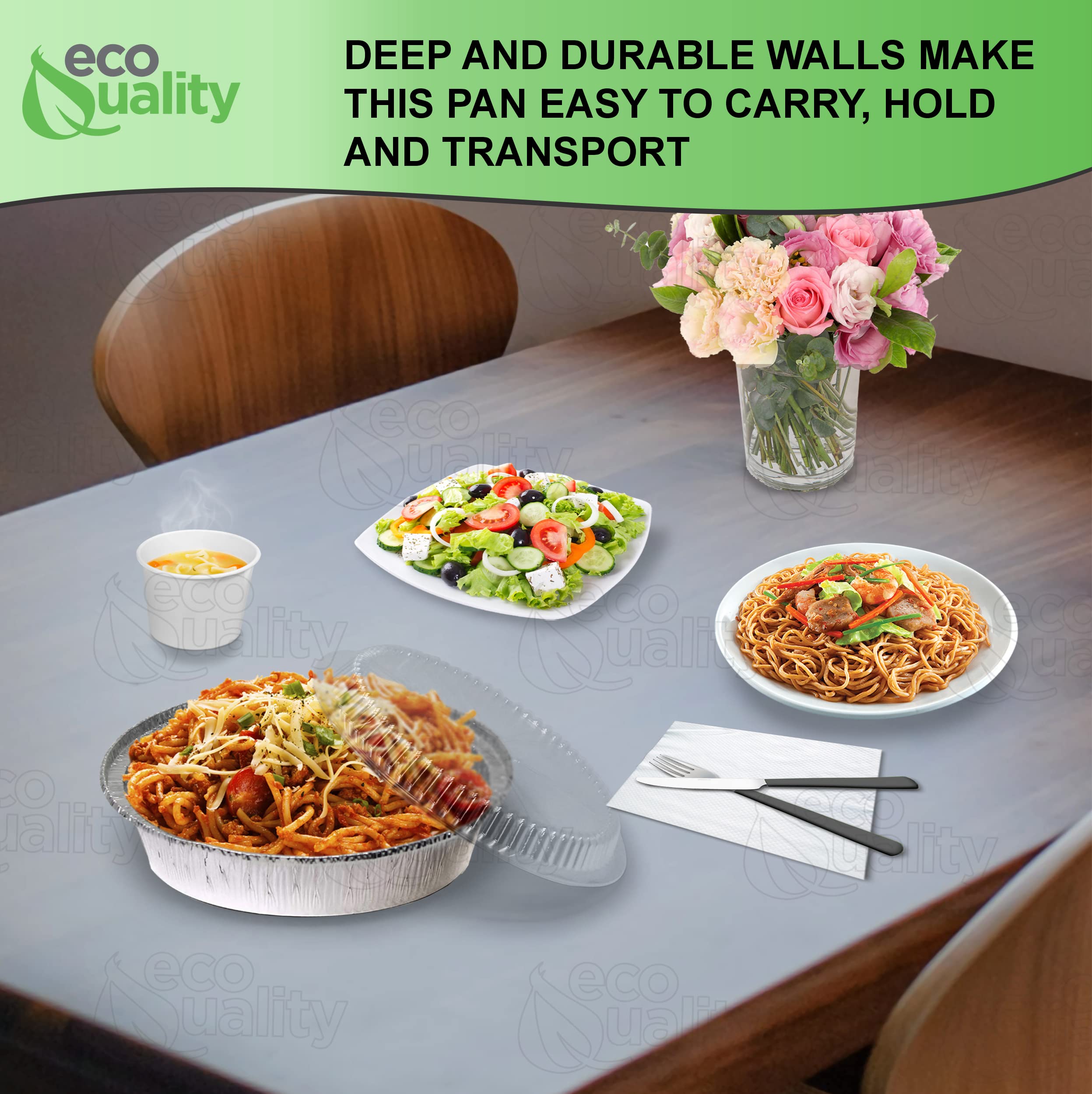 EcoQuality 7 Inch Disposable Aluminum Foil Pans with Plastic Lids - 200 Pack Round Baking Pans for Cooking, Catering, Restaurants & Party Food Storage | Microwave & Freezer Safe