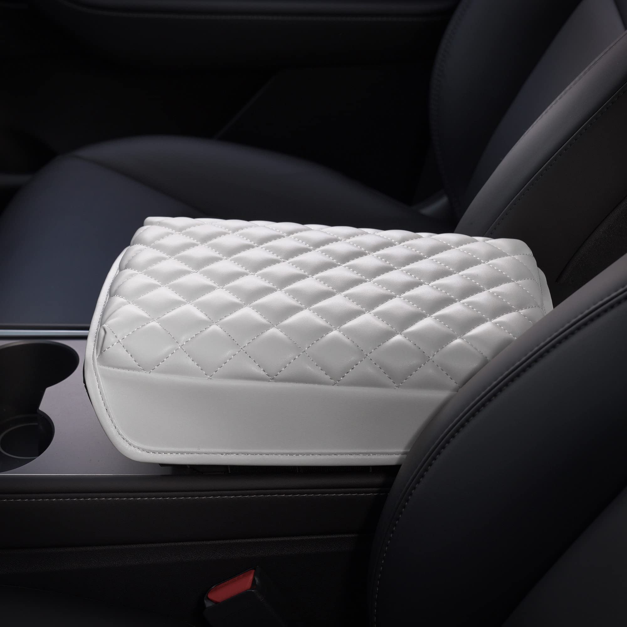 KMMOTORS Premium Quilted Vegan Leather Center Console Cover for Tesla Model Y & Model 3 - White Armrest Cushion & Console Protector Accessories | Perfect for Road Trips & Daily Commuting
