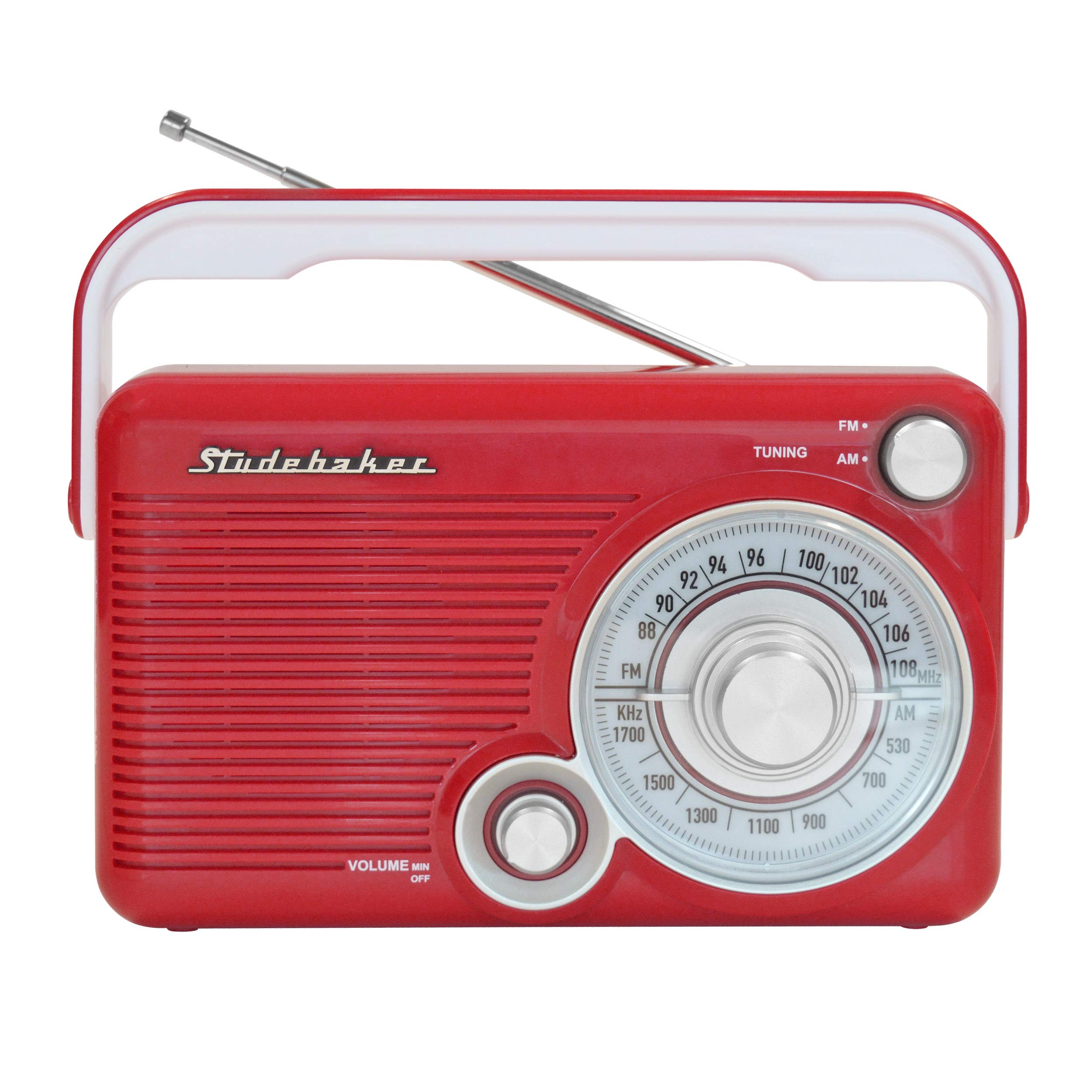 Studebaker SB2002RB Portable AM/FM Radio with Headphone Jack & Aux Input - AC/DC Power, Compact Design (Red/White) - Perfect for Camping, Emergencies & Outdoor Activities