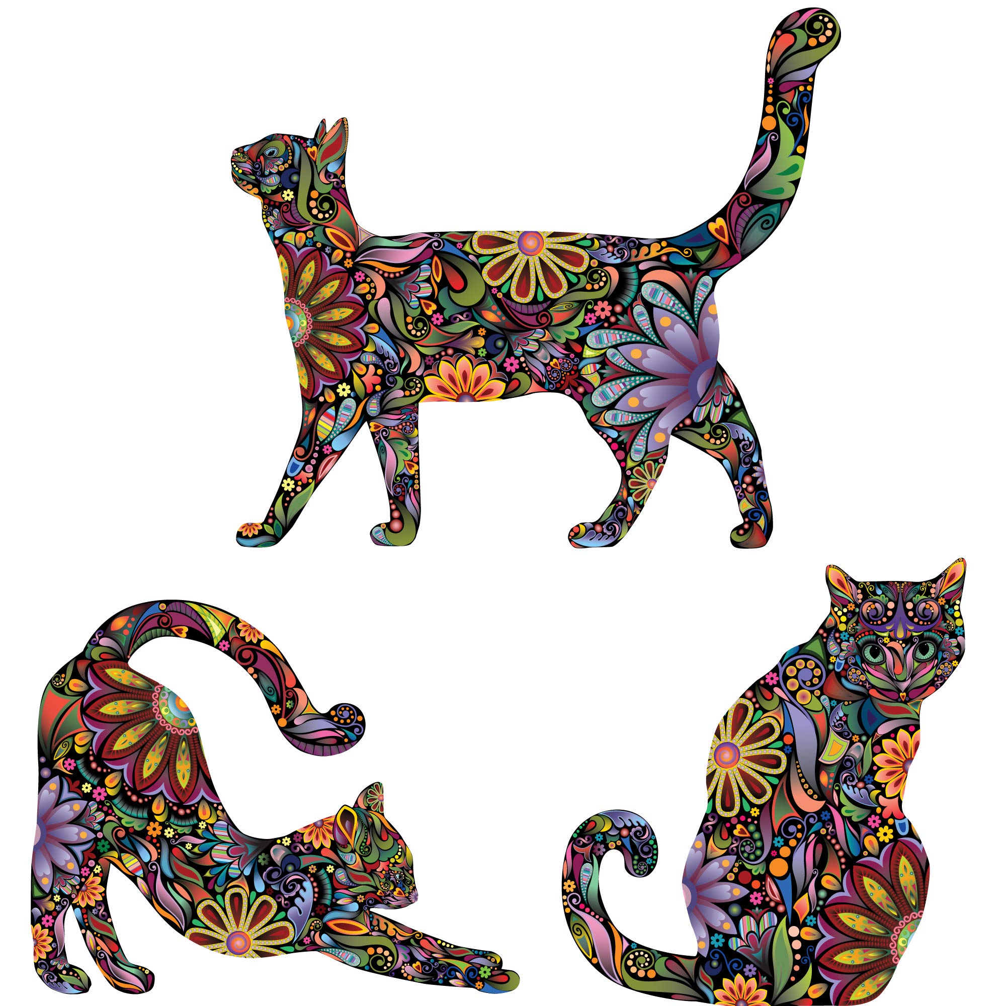 Repositionable Cat Wall Stickers Set of 3 - Flower Pattern Decals for Home Decor (Large, Reversible) - Perfect for Bedroom, Nursery & Living Room Wall Art