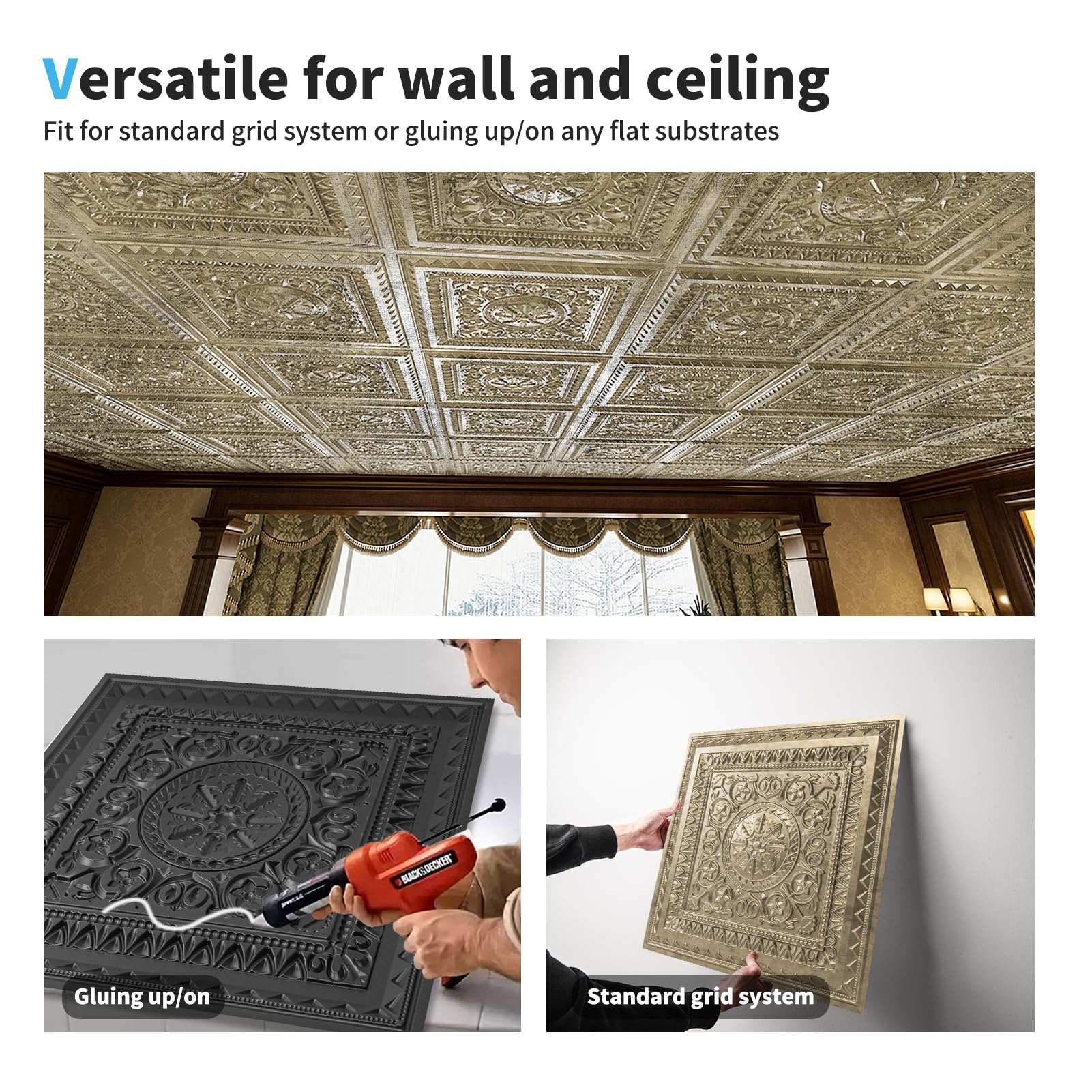 Art3d Drop Ceiling Tiles 2'x2' - 12 Pack Antique Gold Plastic Panels (48 Sq.ft) for Easy Glue-Up Installation - Perfect for Home Office, Basement & Commercial Ceiling Renovations