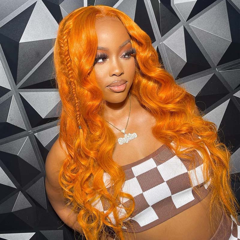 Eullair #350 Orange Layered Cut Body Wave Wavy Wig - Glueless Pre-Colored Human Hair Lace Frontal Wig for Cosplay, Halloween & Daily Fashion