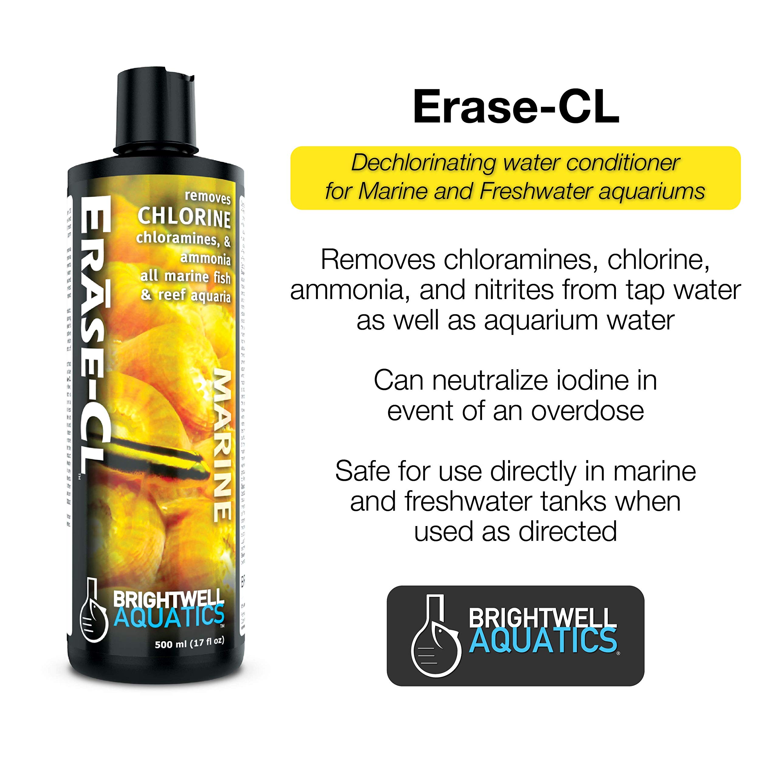Brightwell Aquatics Erase-Cl Water Conditioner - Removes Chlorine, Chloramines & Ammonia for Marine & Freshwater Fish Tanks | Safe for Saltwater & Tropical Aquariums | Ideal for Water Changes & New Tank Setup