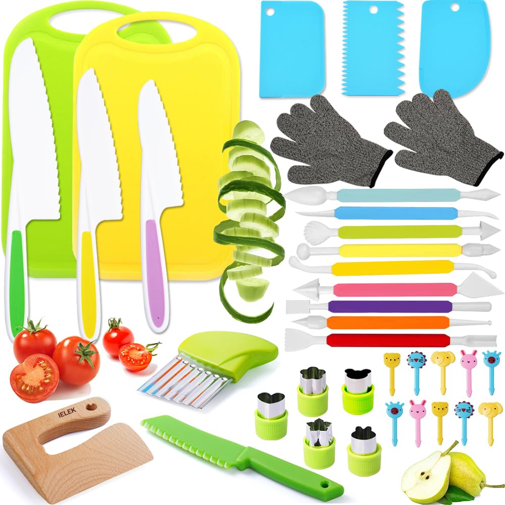 **Best Toddler Knife Set for Kids - Real Cooking Kitchen Tools with Chef Knives, Cutting Boards, Sandwich Cutters & Peeler - Perfect Gift for Boys & Girls Birthday - Safe for Baking, Meal Prep & Learning Cooking Skills**