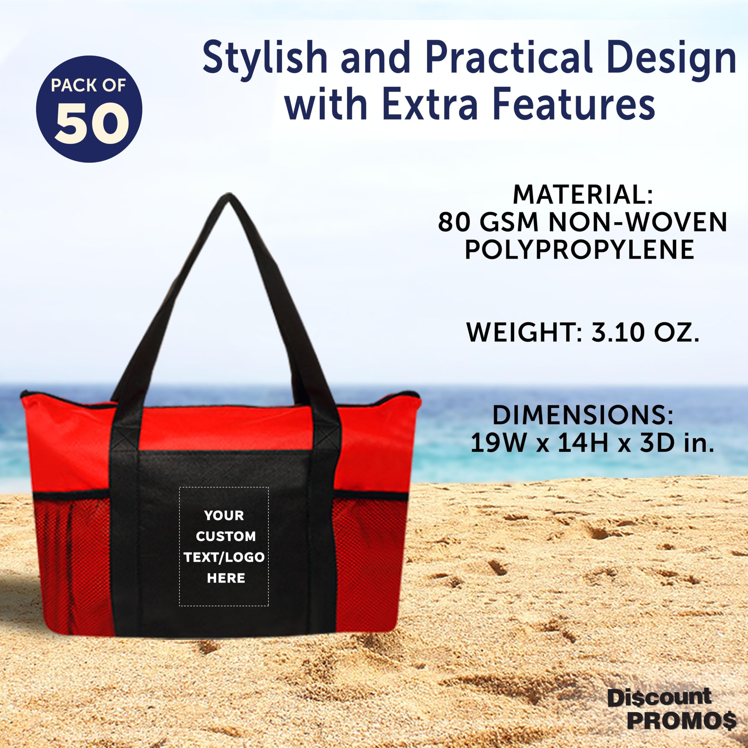 50 Pack Customizable Zippered Non-Woven Tote Bags with Mesh Pocket - Eco-Friendly Reusable Shopping Bags (19