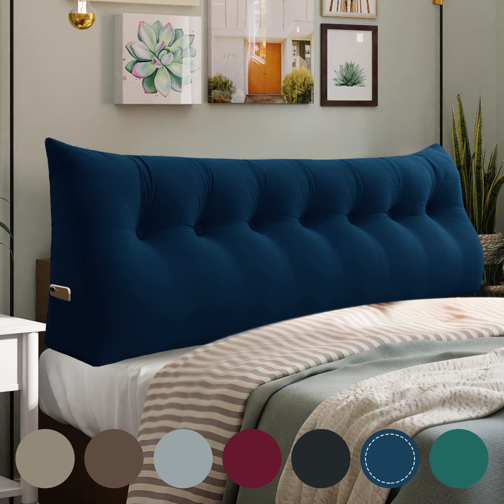 Johnear Velvet Wedge Headboard Pillow - Large Triangular Backrest for Sitting in Bed, Lumbar Support Cushion, Upholstered Daybed & Reading Pillow (Dark Blue, King Size) - Perfect for Reading, Watching TV, or Relaxing in Bed