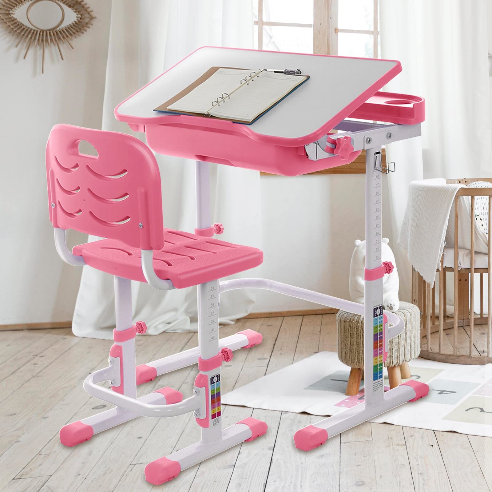 Adjustable Kids Study Table and Chair Set with Storage Drawer - Multifunctional Children's Learning Desk for Writing, Drawing & Painting - Perfect for Homeschooling, Playroom & Bedroom