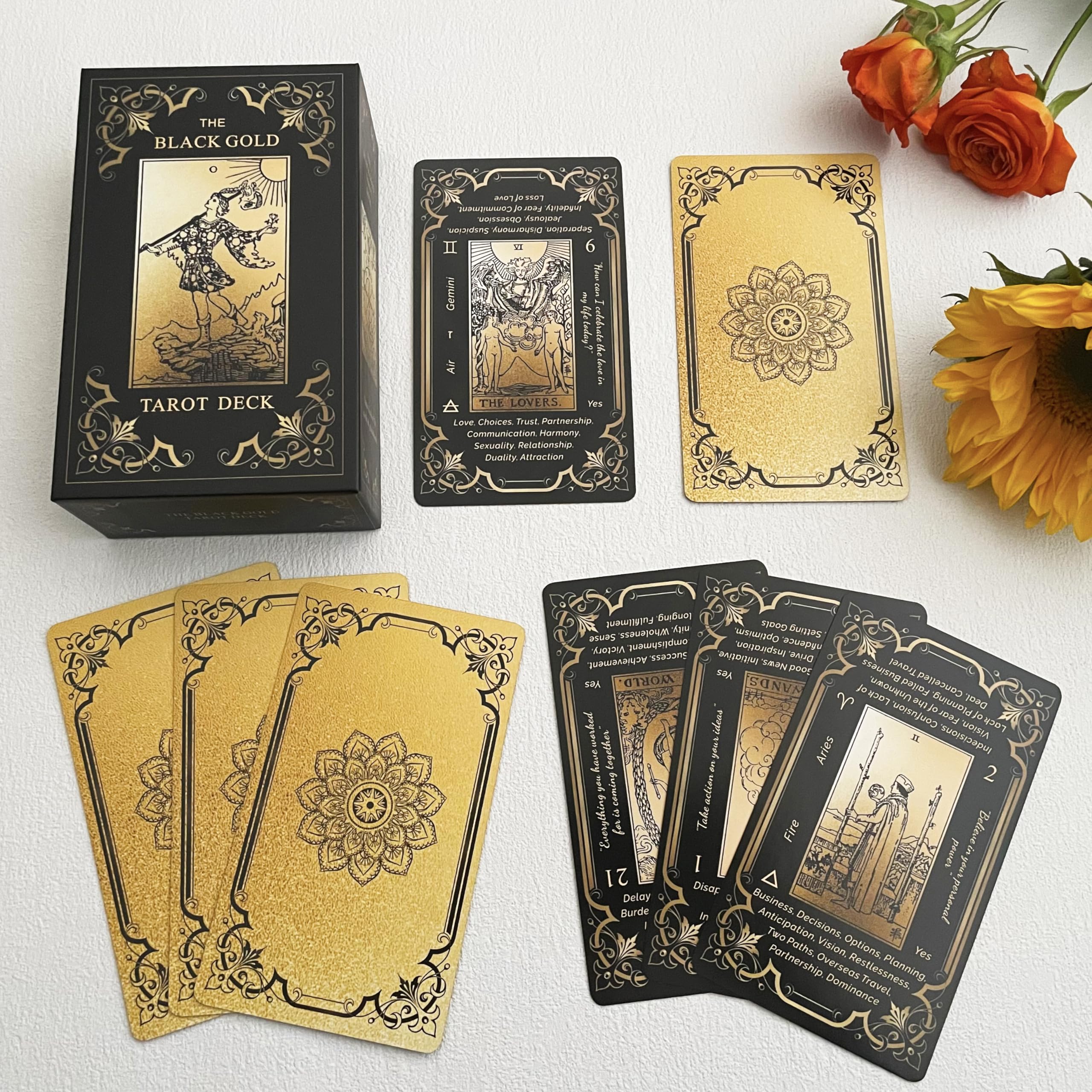 Black Gold Tarot Cards Set for Beginners - 78 Cards with Meanings, Guide Book & Gold Gilded Edges | Perfect for Divination, Meditation & Spiritual Guidance
