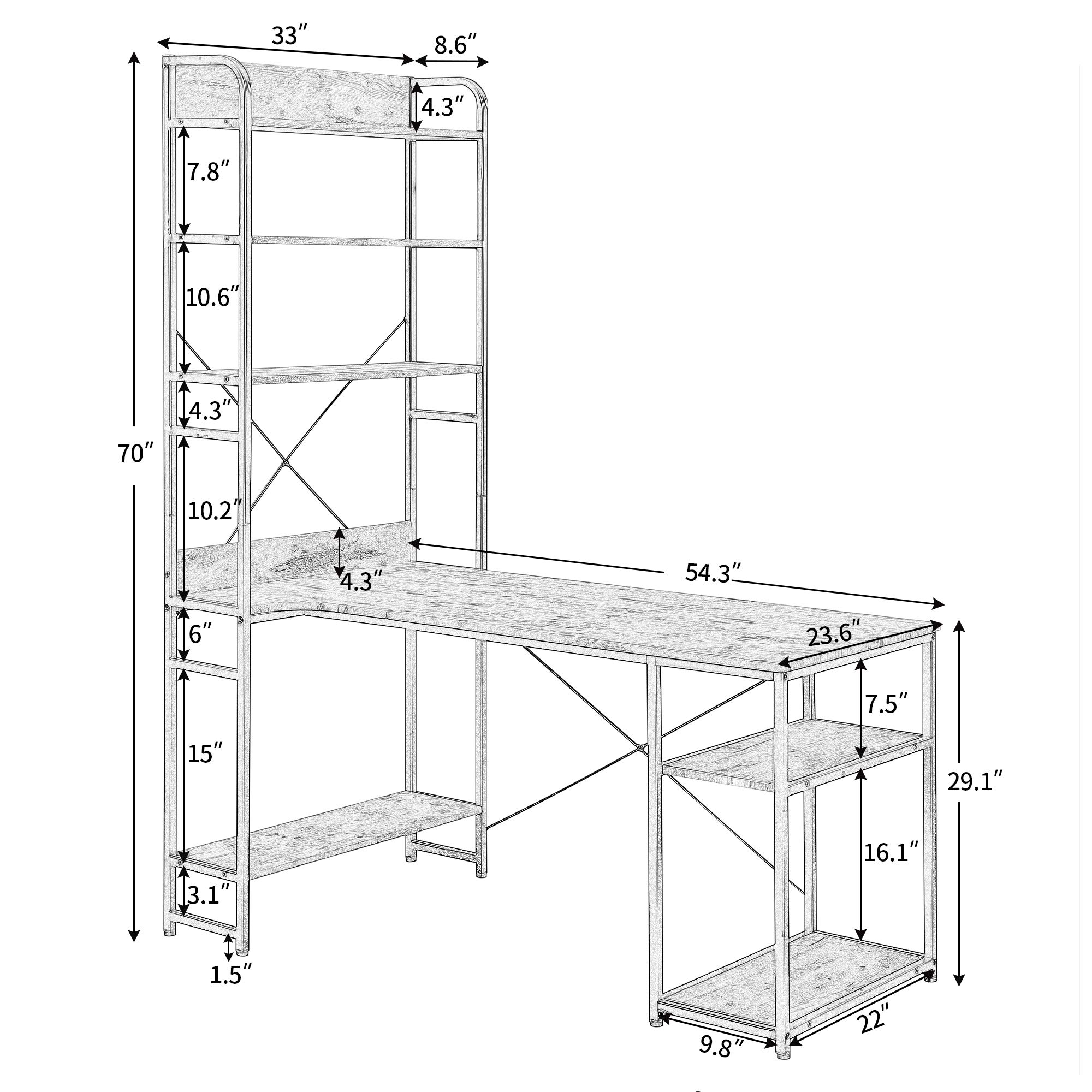 L Shaped Corner Desk with 5-Tier Bookshelf - Home Office Computer Desk, Sturdy Steel Frame & MDF Workstation for Writing, Gaming, Study - Perfect for Small Spaces, Dorm Rooms & Home Offices